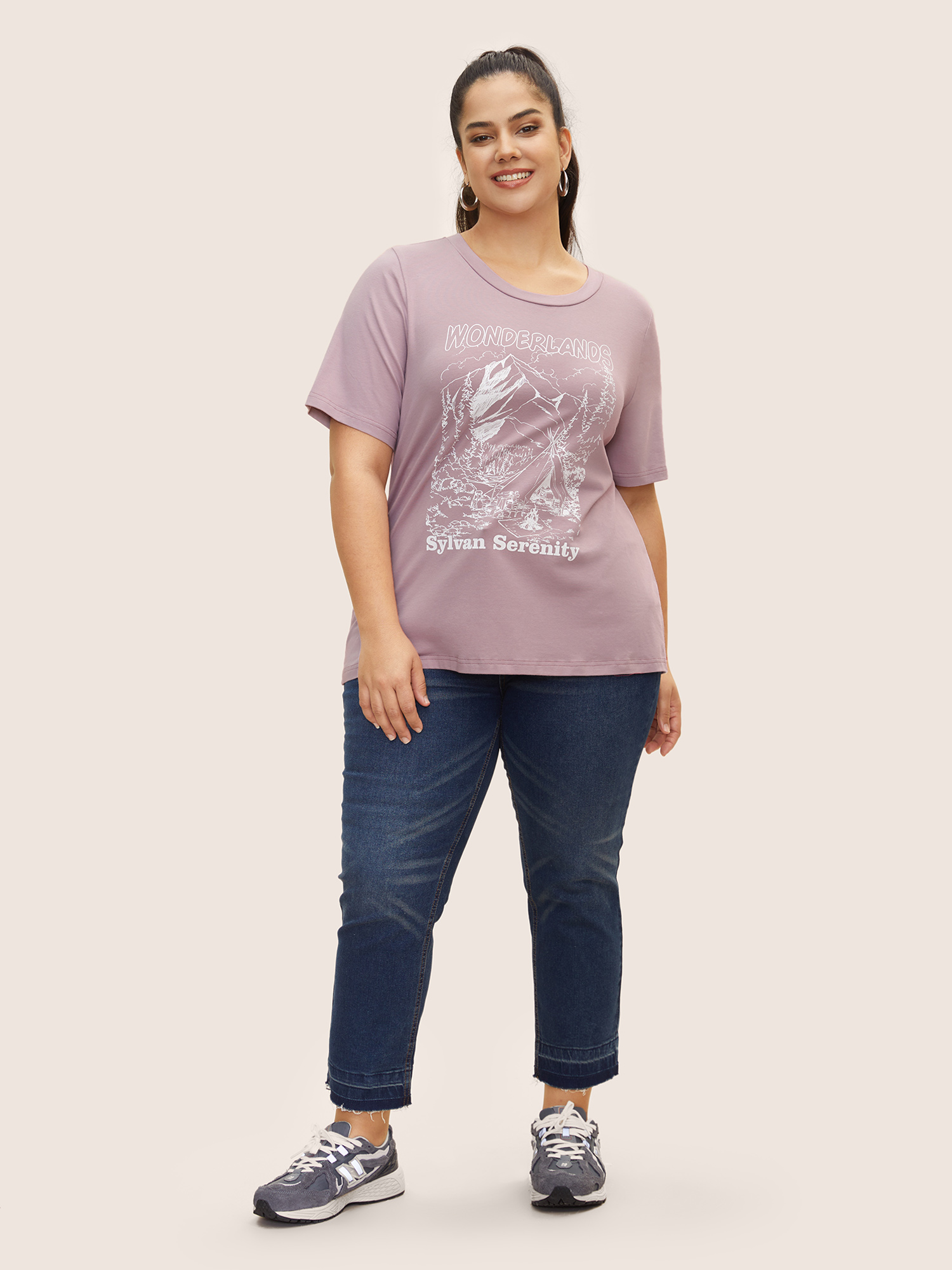 Plus Size Cotton Landscape Pattern Round Neck T-shirt Dirtypink Women Casual Contrast Natural Flowers Round Neck Everyday T-shirts BloomChic 26/4X 