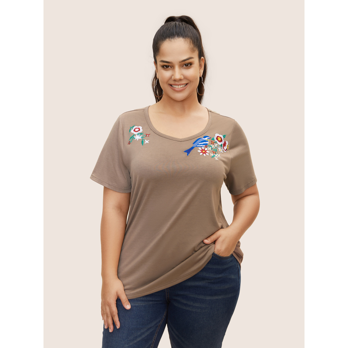 

Plus Size Heart Neckline Natural Floral Embroidered T-shirt LightBrown Women Casual Contrast Natural Flowers Heart neckline Everyday T-shirts BloomChic