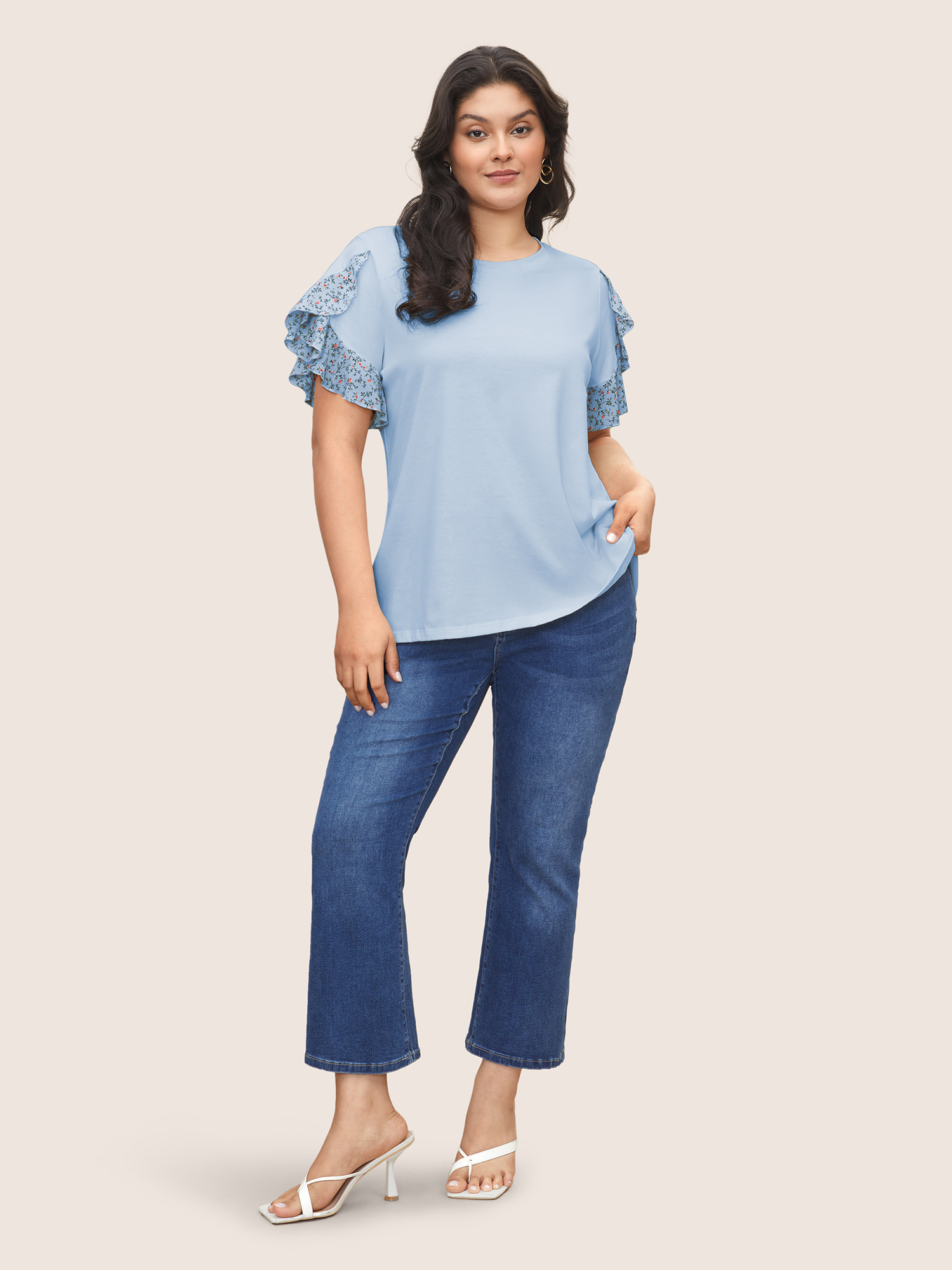 

Plus Size Ditsy Floral Patchwork Petal Sleeve T-shirt LightBlue Women Elegant Patchwork Round Neck Everyday T-shirts BloomChic