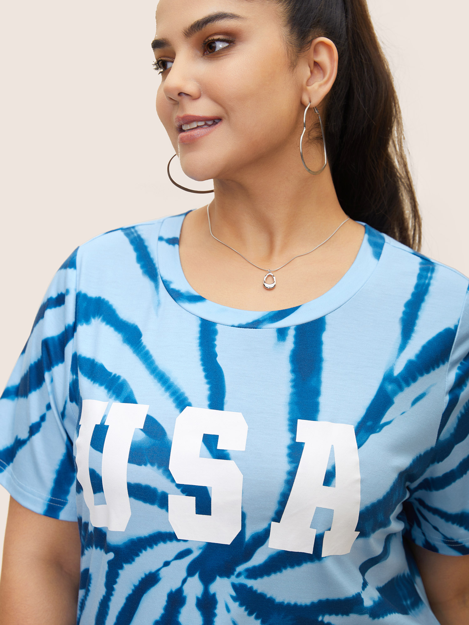 

Plus Size USA Print Round Neck Tie Dye T-Shirt DarkBlue Women Casual Contrast Art&design Round Neck Everyday T-shirts BloomChic