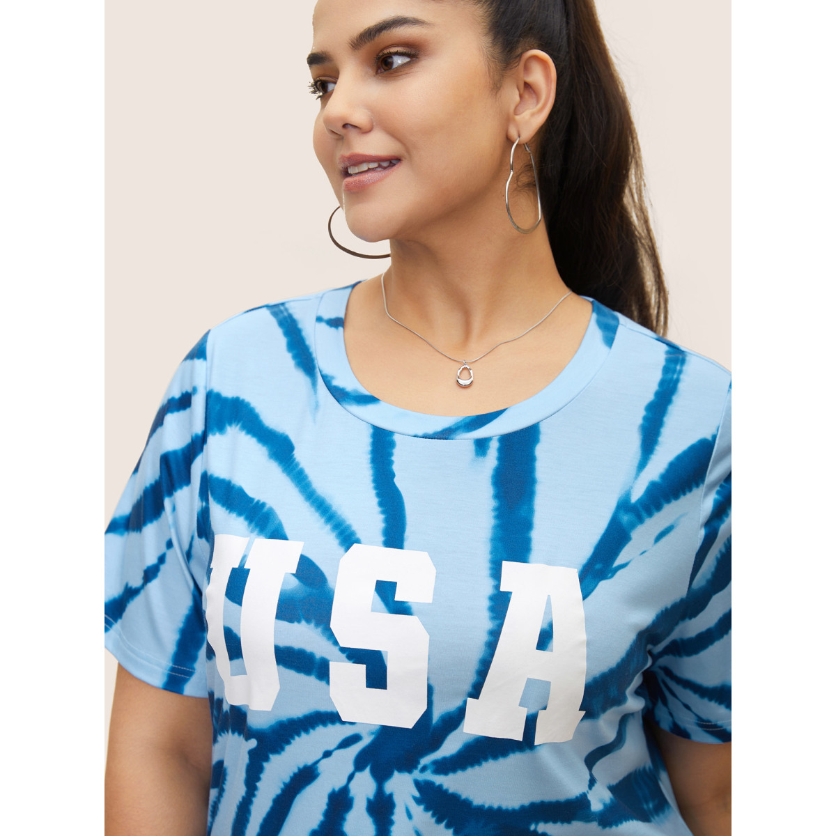 

Plus Size USA Print Round Neck Tie Dye T-Shirt DarkBlue Women Casual Contrast Art&design Round Neck Everyday T-shirts BloomChic