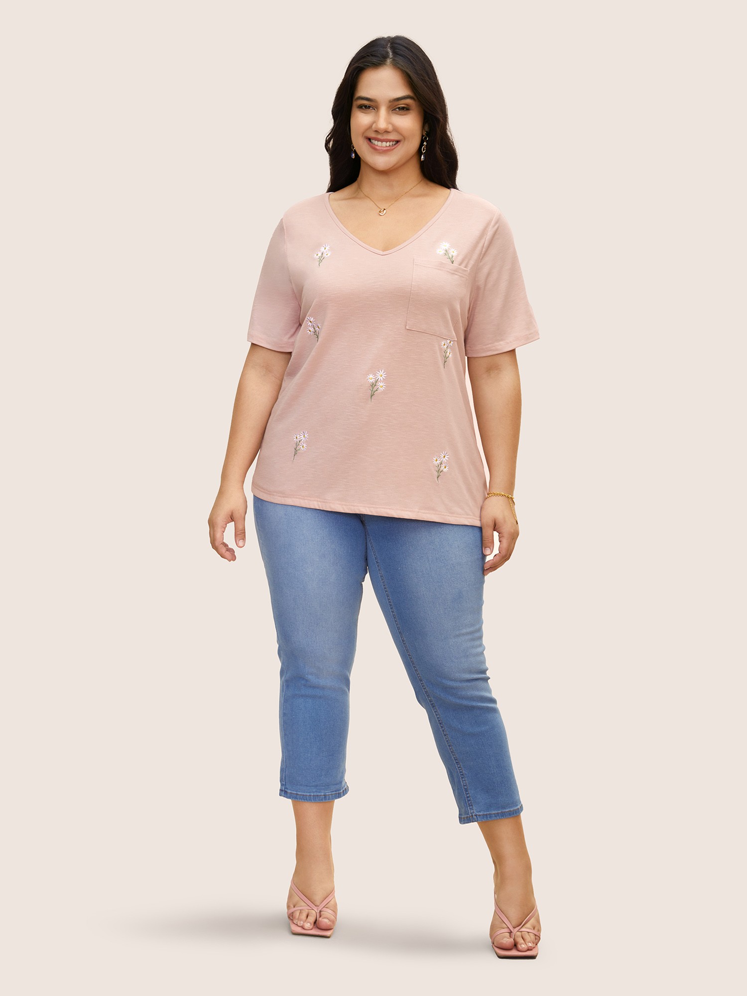 Plus Size V Neck Floral Embroidered Patch Pocket T-shirt Nudepink Women Elegant Contrast Natural Flowers V-neck Everyday T-shirts BloomChic 12/L 