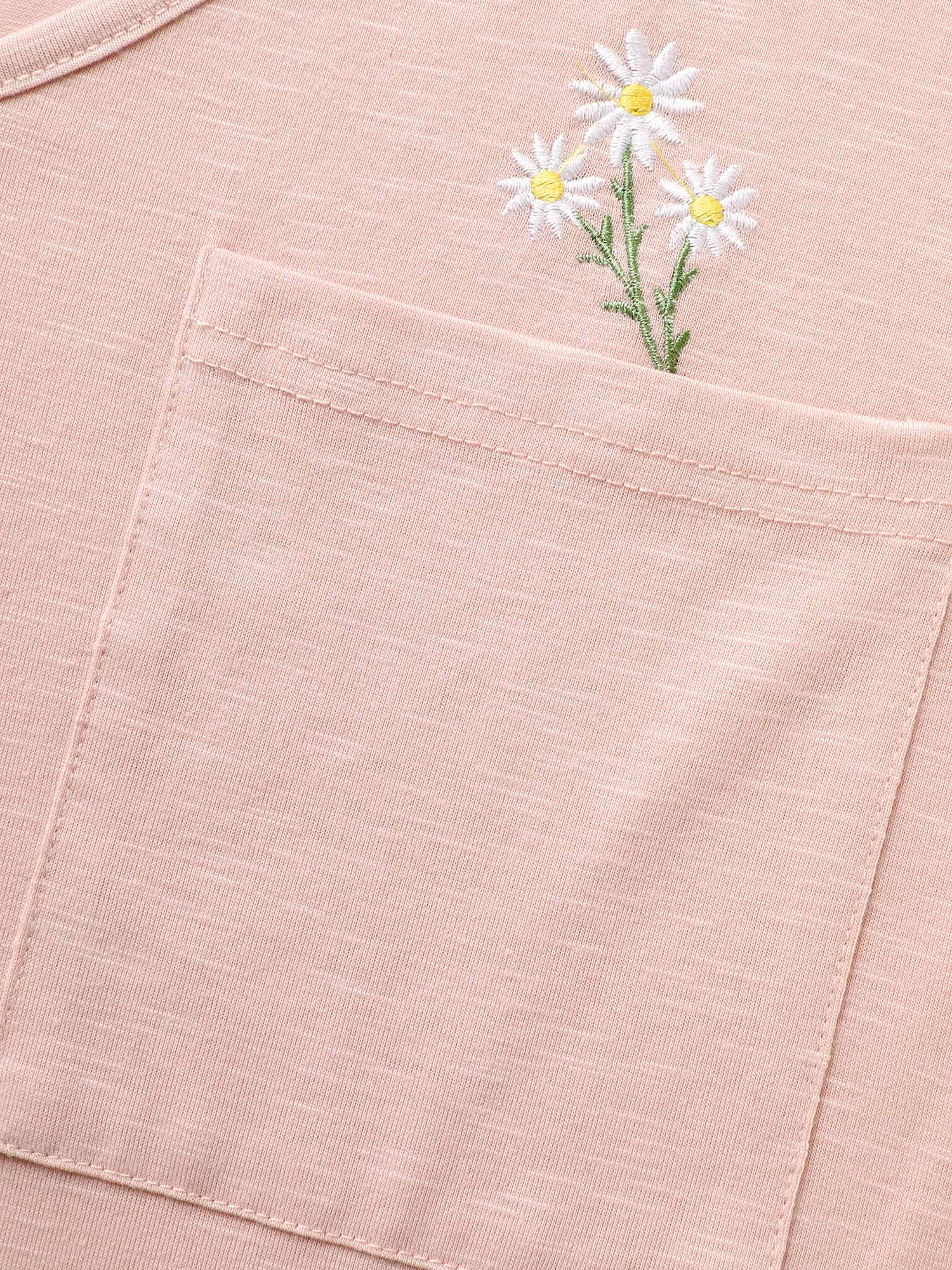 Plus Size V Neck Floral Embroidered Patch Pocket T-shirt Nudepink Women Elegant Contrast Natural Flowers V-neck Everyday T-shirts BloomChic 12/L 