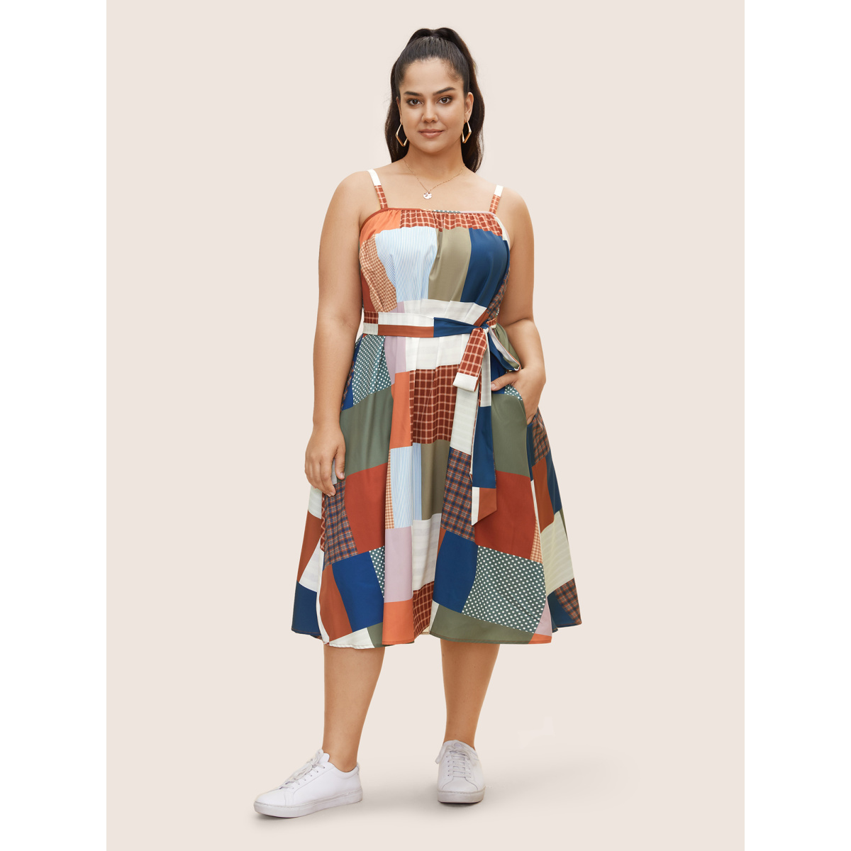 

Plus Size Colorblock Contrast Belted Midi Cami Dress Multicolor Women Gathered Non Sleeveless Curvy BloomChic