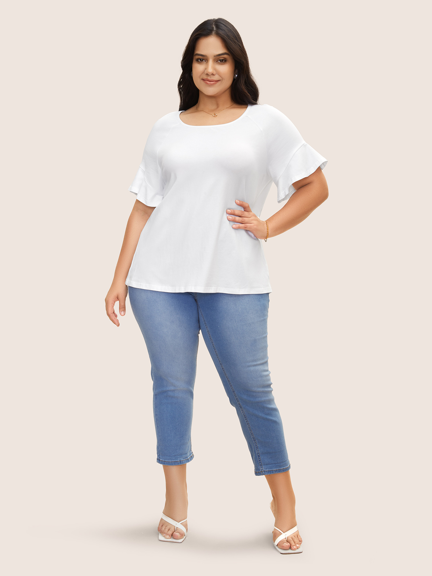 Plus Size Cotton Round Neck Plain Patchwork Ruffles T-shirt Originalwhite Women Elegant Patchwork Round Neck Everyday T-shirts BloomChic 18-20/2X 