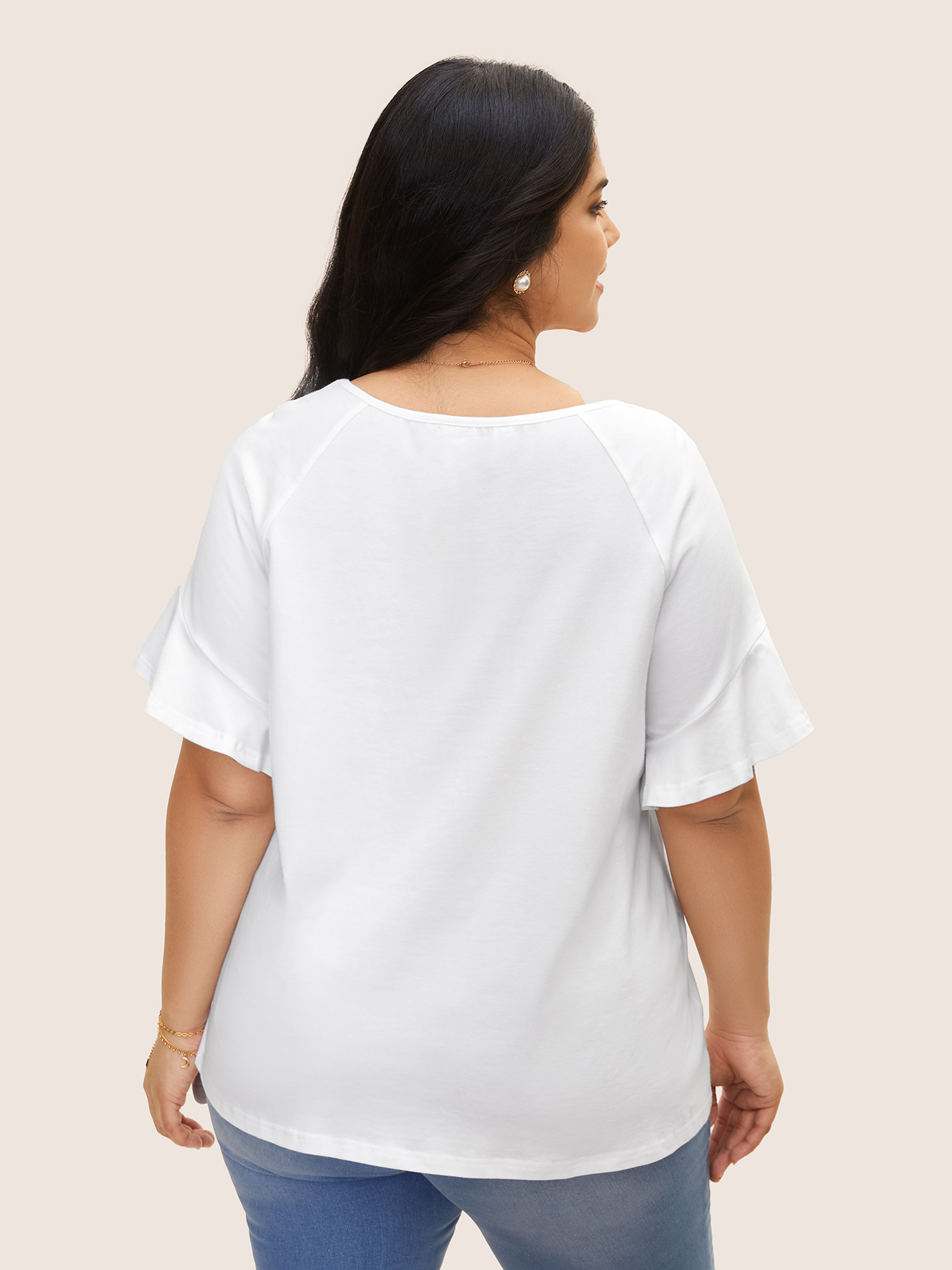 Plus Size Cotton Round Neck Plain Patchwork Ruffles T-shirt Originalwhite Women Elegant Patchwork Round Neck Everyday T-shirts BloomChic 18-20/2X 
