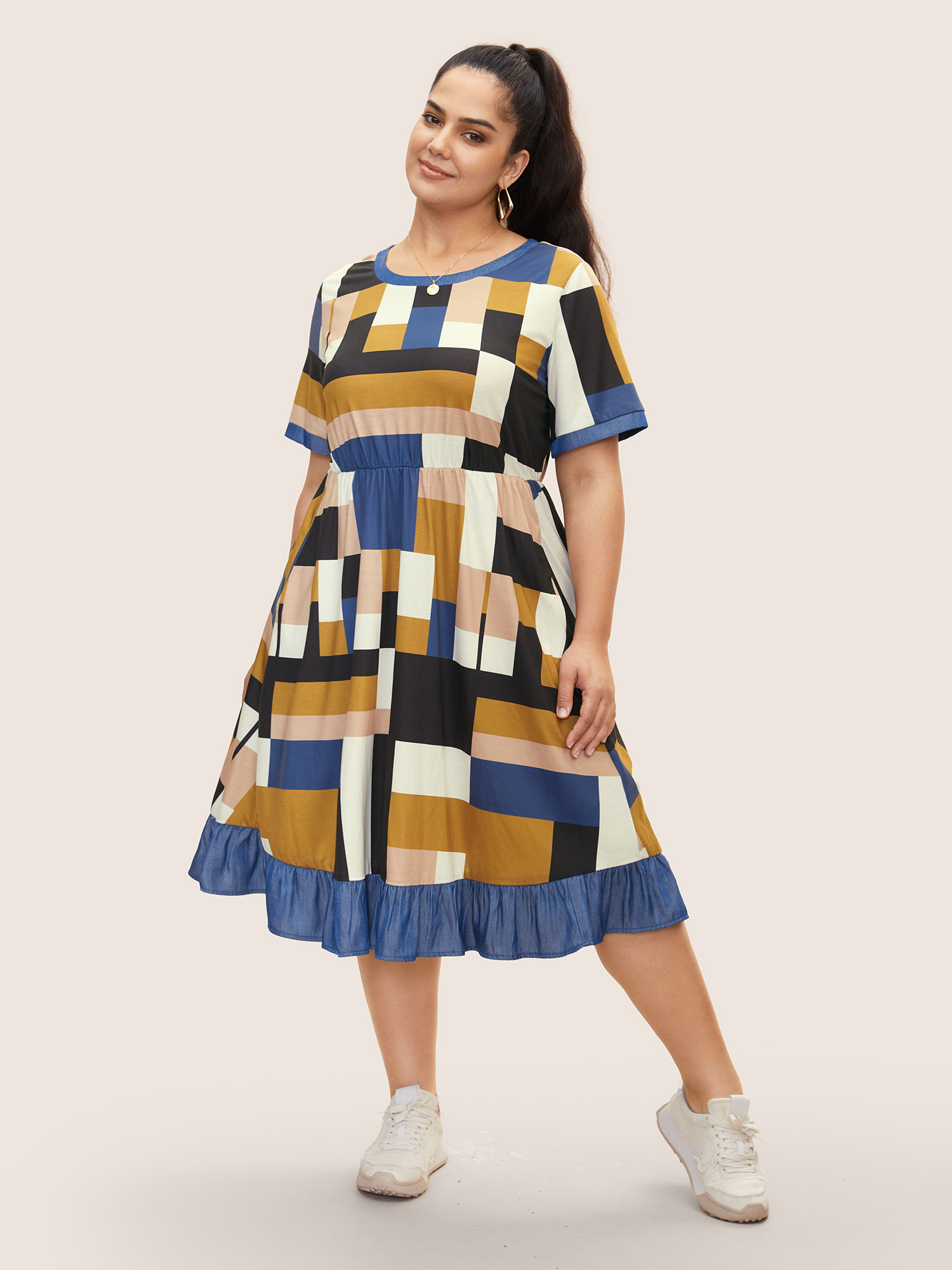 

Plus Size Colorblock Contrast Elastic Waist Midi Dress Multicolor Women Ruffles Round Neck Short sleeve Curvy BloomChic