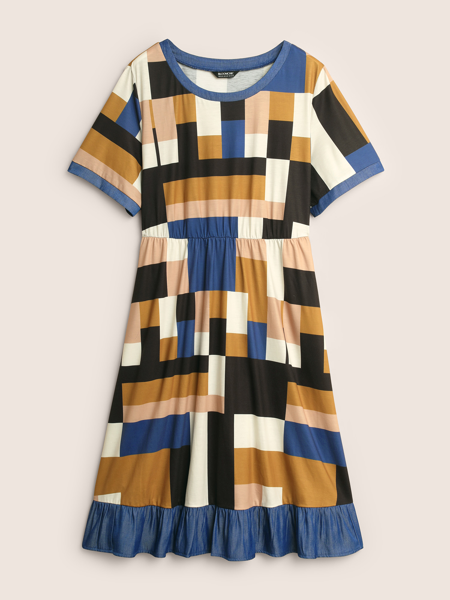 Plus Size Colorblock Contrast Elastic Waist Midi Dress Multicolor Women Ruffles Round Neck Short sleeve Curvy BloomChic 14-16/1X 