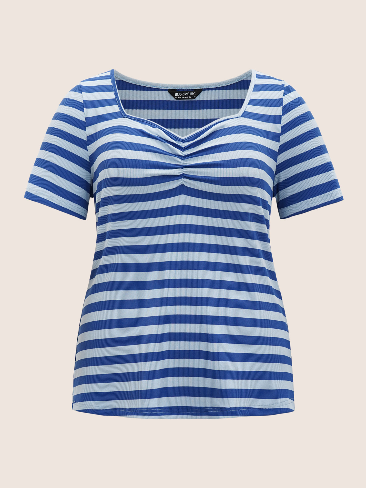 

Plus Size Heart Neckline Striped Pit Strip Ruched T-shirt Brightblue Women Casual Gathered Heart neckline Everyday T-shirts BloomChic