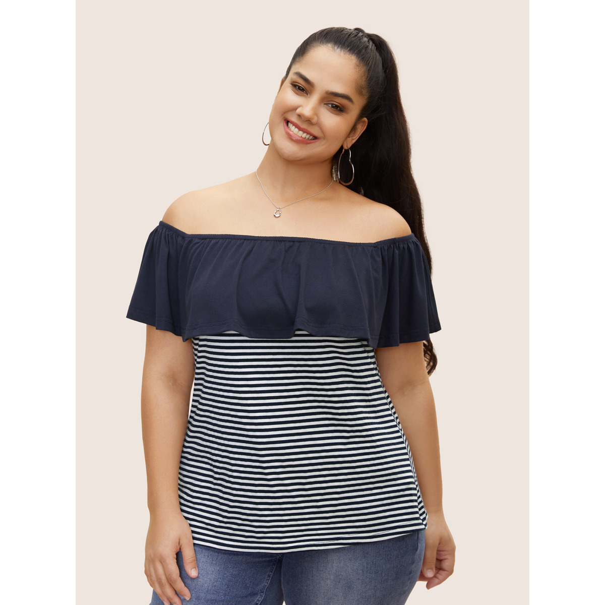 

Plus Size Off Shoulder Striped Patchwork Ruffles T-shirt DarkBlue Women Casual Contrast One-shoulder neck Everyday T-shirts BloomChic