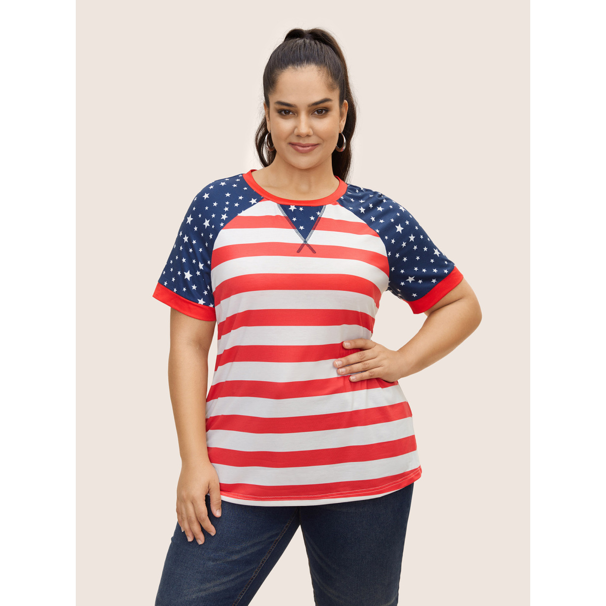 

Plus Size Star Patchwork Striped Quilted Raglan Sleeve T-shirt Brightred Women Casual Contrast Art&design Round Neck Everyday T-shirts BloomChic