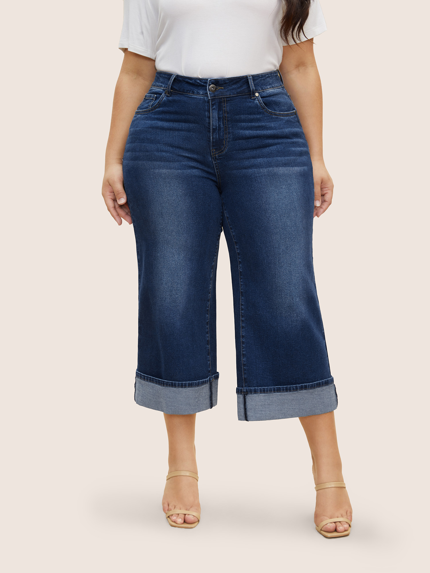 

Plus Size Dark Wash Roll Hem Cropped Wide Leg Jeans Women Denimblue Casual High stretch Slanted pocket Jeans BloomChic