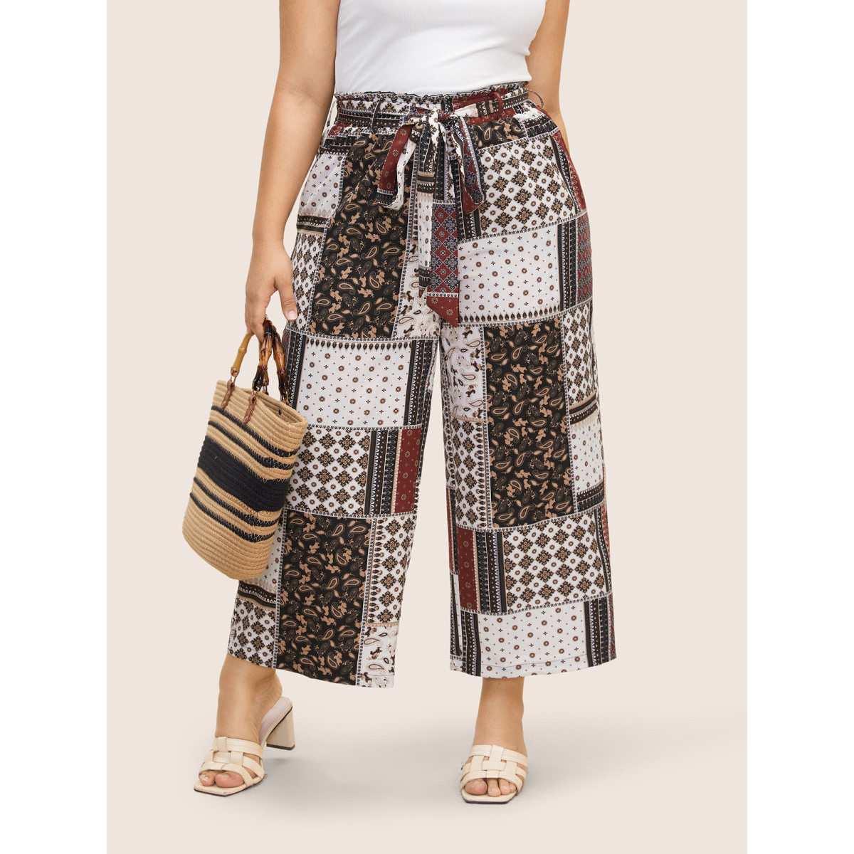 

Plus Size Patchwork Floral Belted Wide Leg Pants Women Deepred Resort Wide Leg High Rise Vacation Pants BloomChic