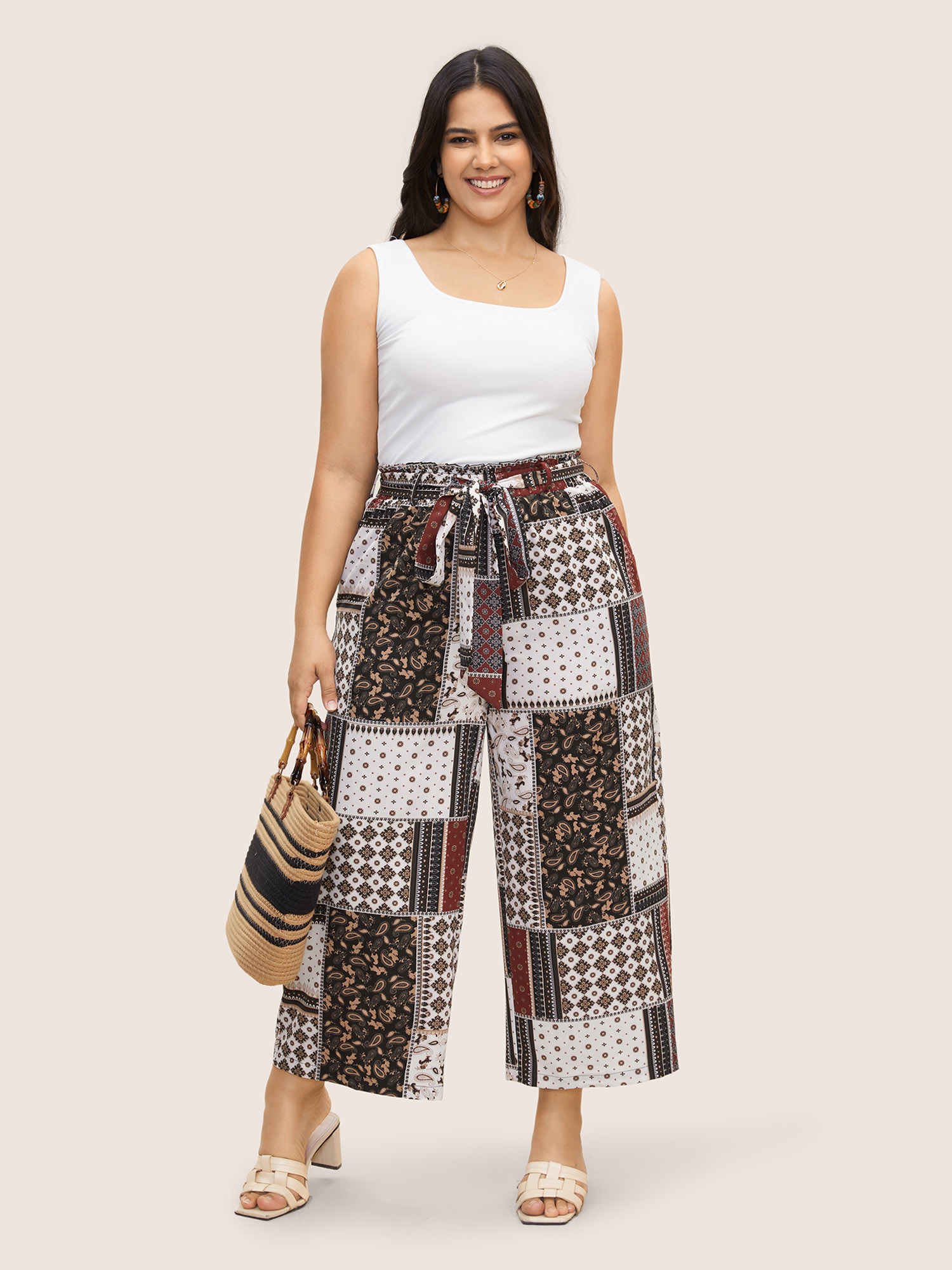 Plus Size Patchwork Floral Belted Wide Leg Pants Women Deepred Resort Wide Leg High Rise Vacation Pants BloomChic 28/5X 