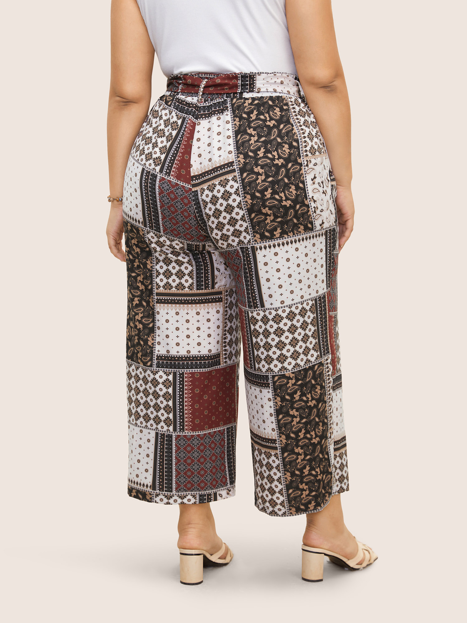 Plus Size Patchwork Floral Belted Wide Leg Pants Women Deepred Resort Wide Leg High Rise Vacation Pants BloomChic 28/5X 