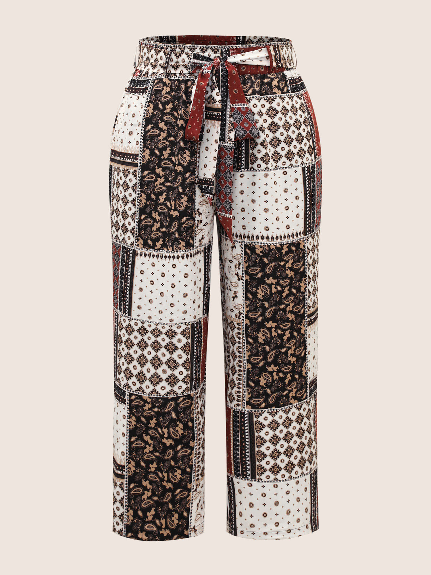 Plus Size Patchwork Floral Belted Wide Leg Pants Women Deepred Resort Wide Leg High Rise Vacation Pants BloomChic 28/5X 