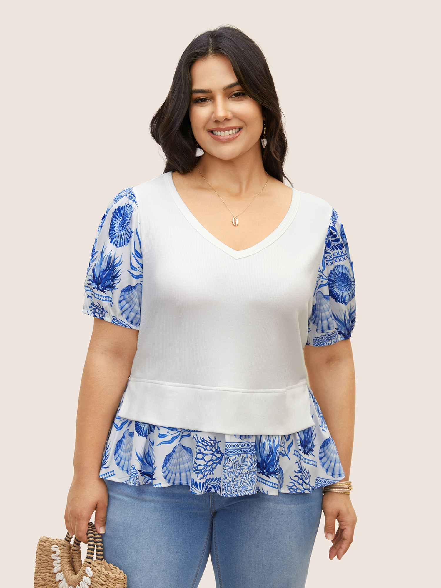 

Plus Size Marine Elements Patchwork Split Side T-shirt Skyblue Women Resort Gathered Marine V-neck Vacation T-shirts BloomChic