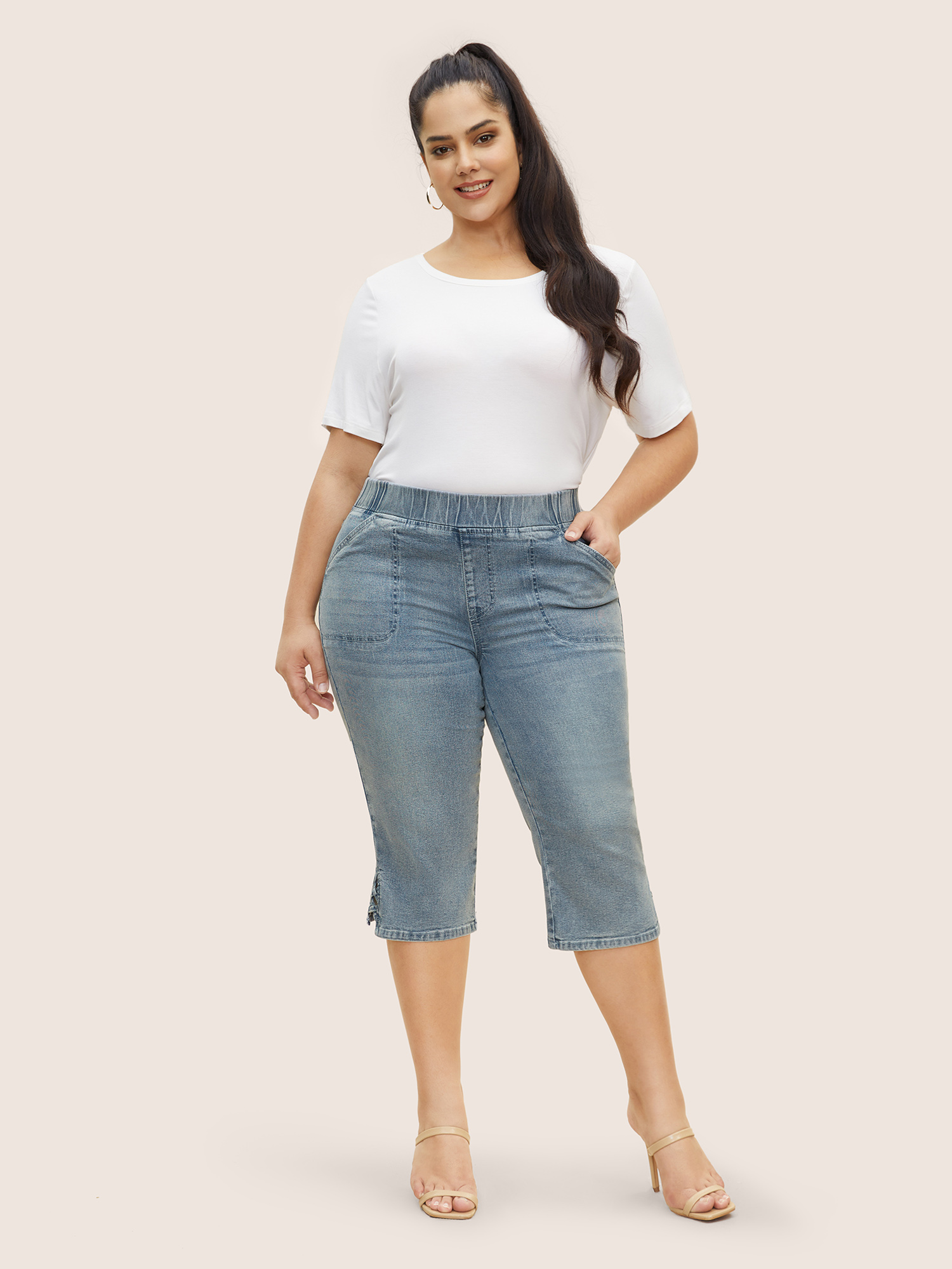Plus Size Vintage Elastic Waist Split Side Pull-on Jegging Jeans Women Denimblue Casual Slit High stretch Patch pocket Jeans BloomChic 10/M 