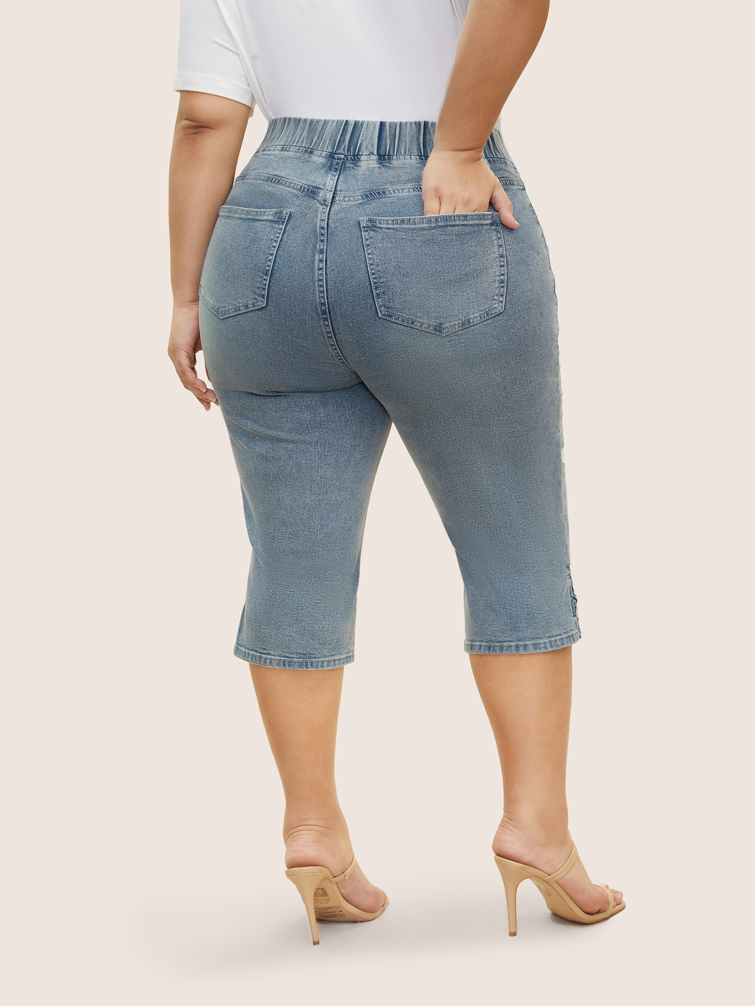 Plus Size Vintage Elastic Waist Split Side Pull-on Jegging Jeans Women Denimblue Casual Slit High stretch Patch pocket Jeans BloomChic 10/M 