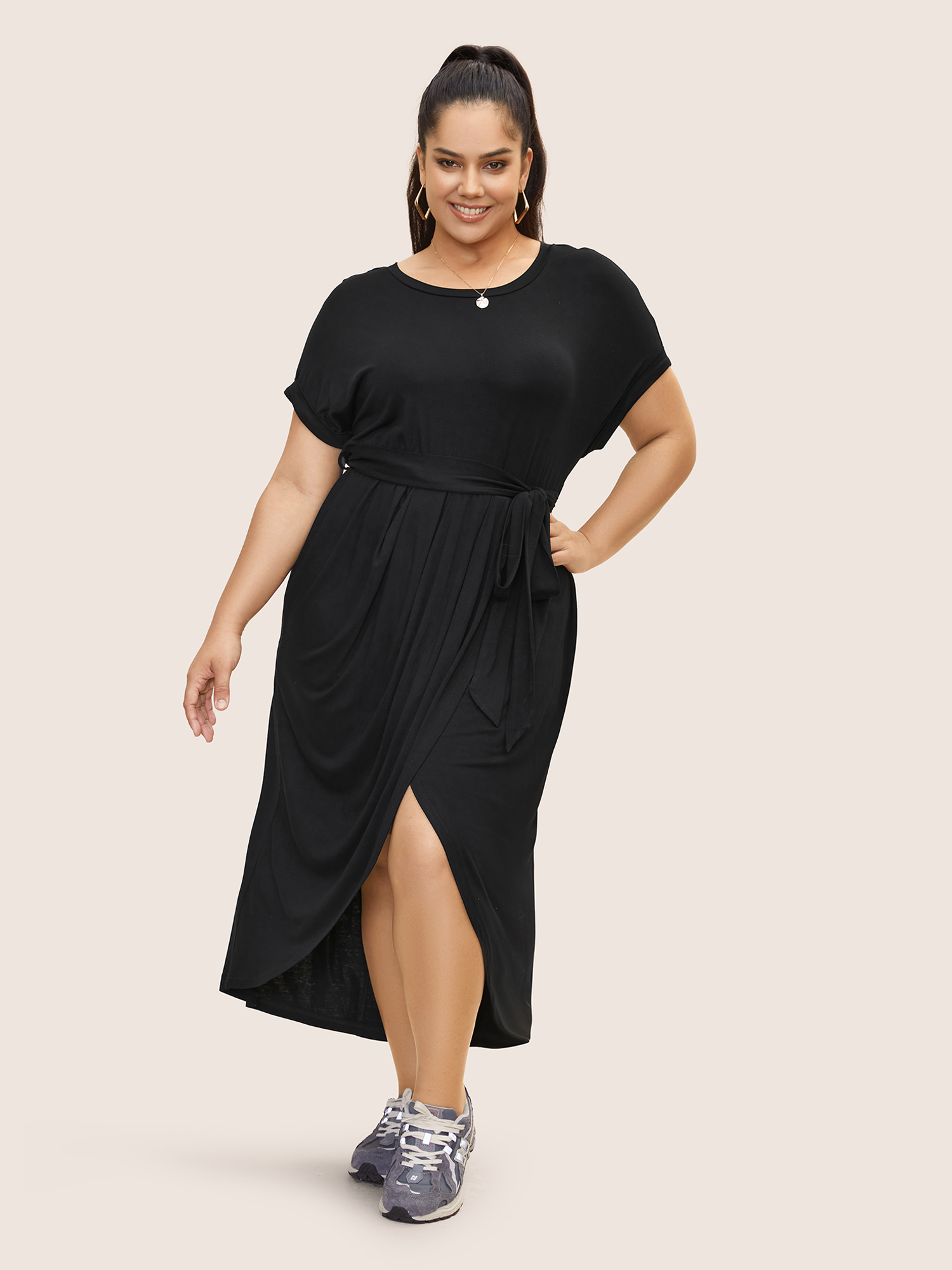 

Plus Size Solid Batwing Sleeve Wrap Hem Maxi Dress Black Women Belted Round Neck Short sleeve Curvy BloomChic