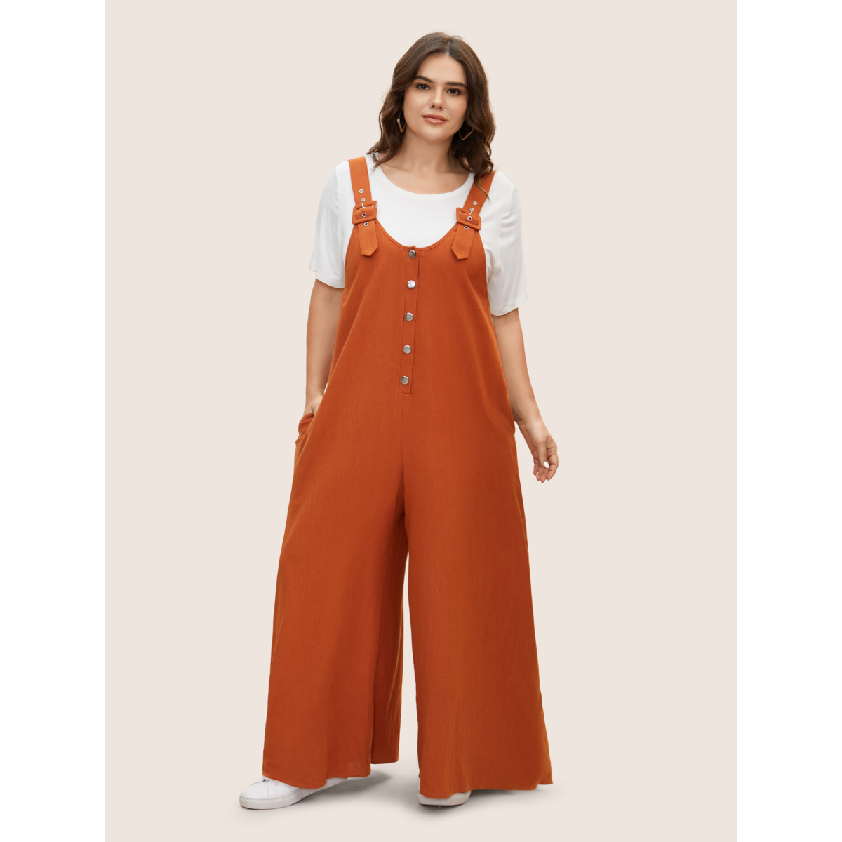 

Plus Size Rust Solid U Neck Metal Detail Jumpsuit Women Casual Sleeveless U-neck Everyday Loose Jumpsuits BloomChic