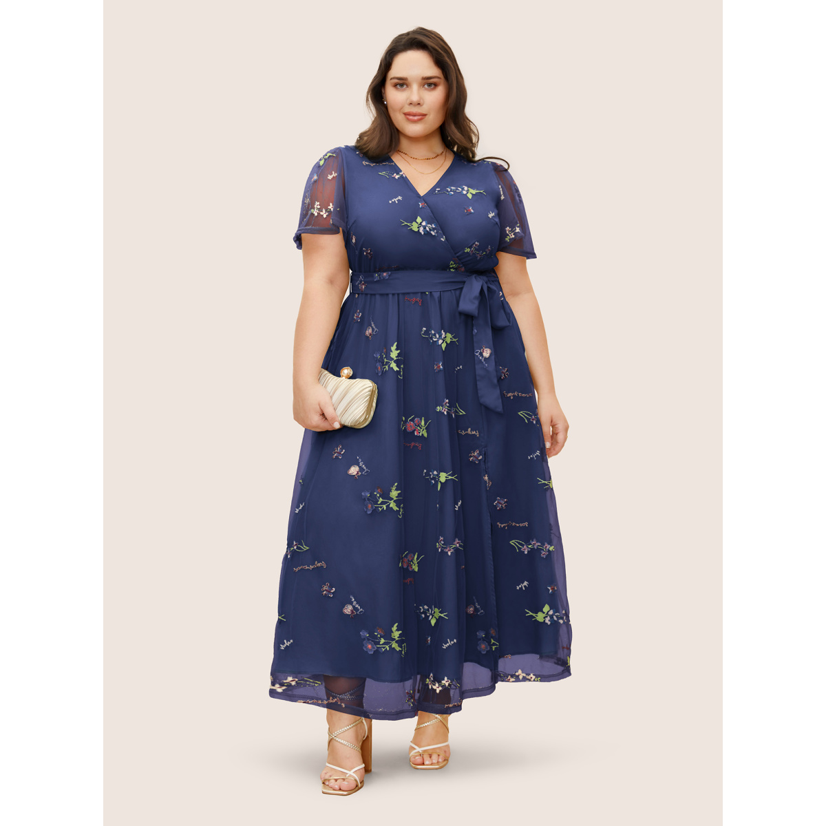 

Plus Size Overlap Collar Mesh Floral Embroidered Dress DarkBlue Women Overlapping V-neck Short sleeve Curvy BloomChic