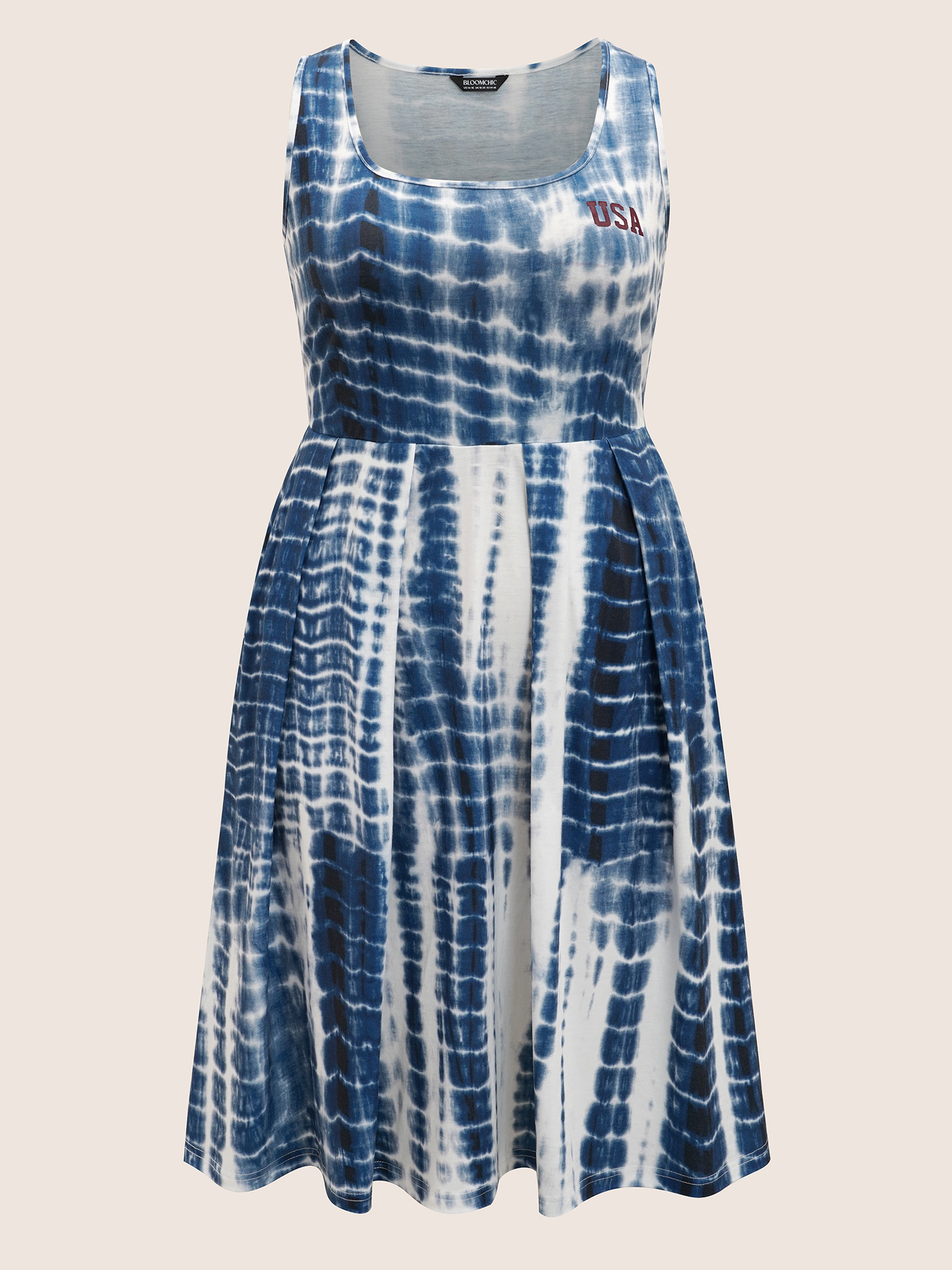 Plus Size Tie Dye Round Neck Pleated Midi Dress Mediumblue Women Non Round Neck Short sleeve Curvy BloomChic 10/M 