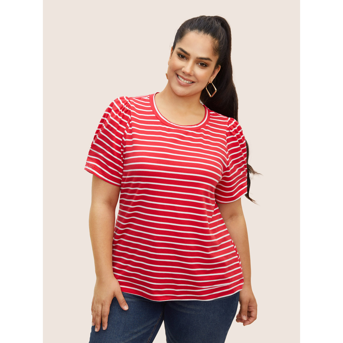 

Plus Size Round Neck Striped Bishop Sleeve T-shirt Brightred Women Casual Gathered Round Neck Everyday T-shirts BloomChic