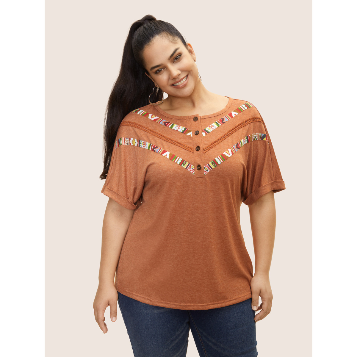 

Plus Size Boho Print Contrast Webbing Button Up T-shirt Yellowishbrown Women Casual Contrast Art&design Round Neck Everyday T-shirts BloomChic