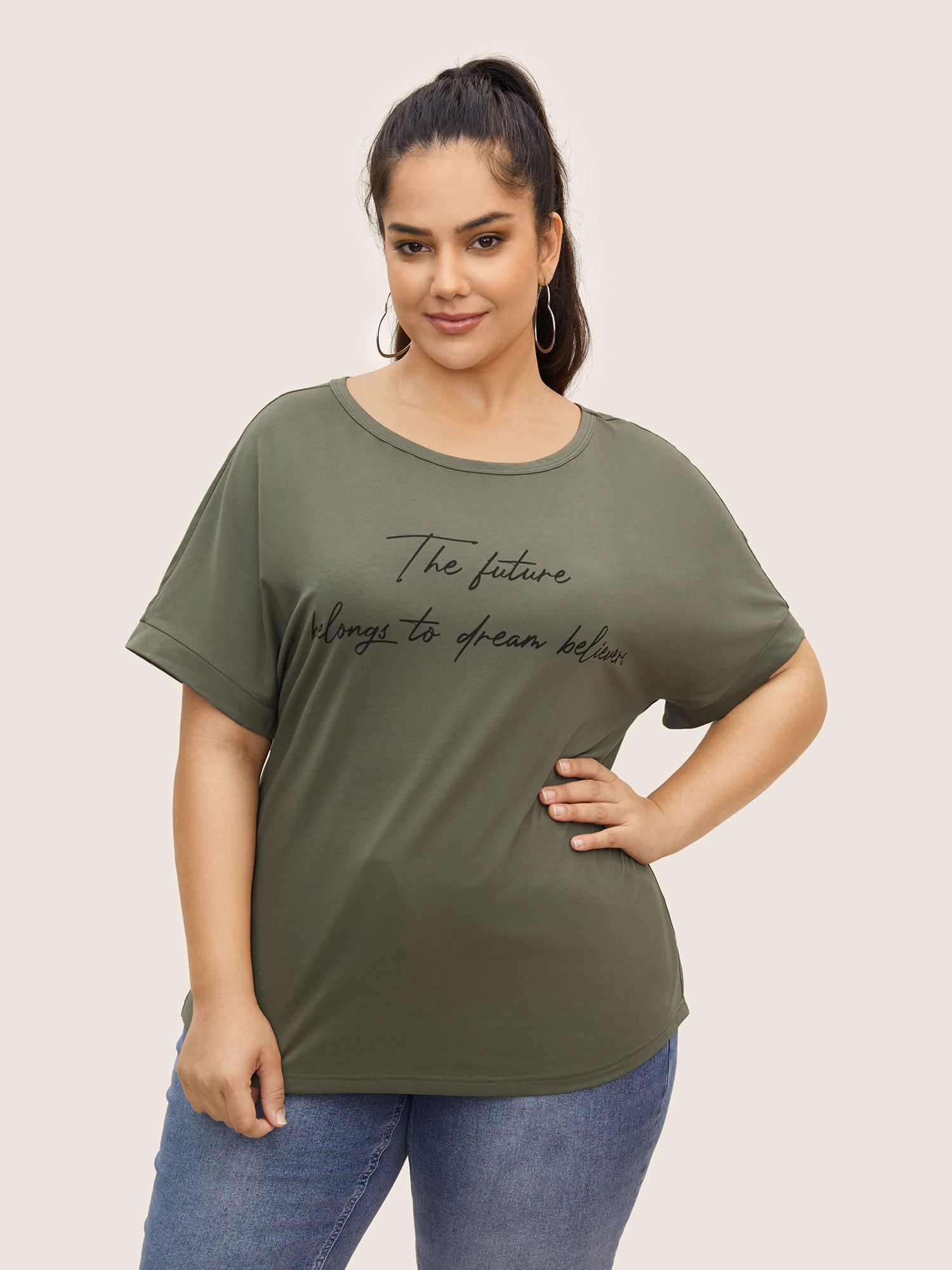 

Plus Size Letter Print Dolman Sleeve Curved Hem T-shirt ArmyGreen Women Casual Contrast Round Neck Everyday T-shirts BloomChic