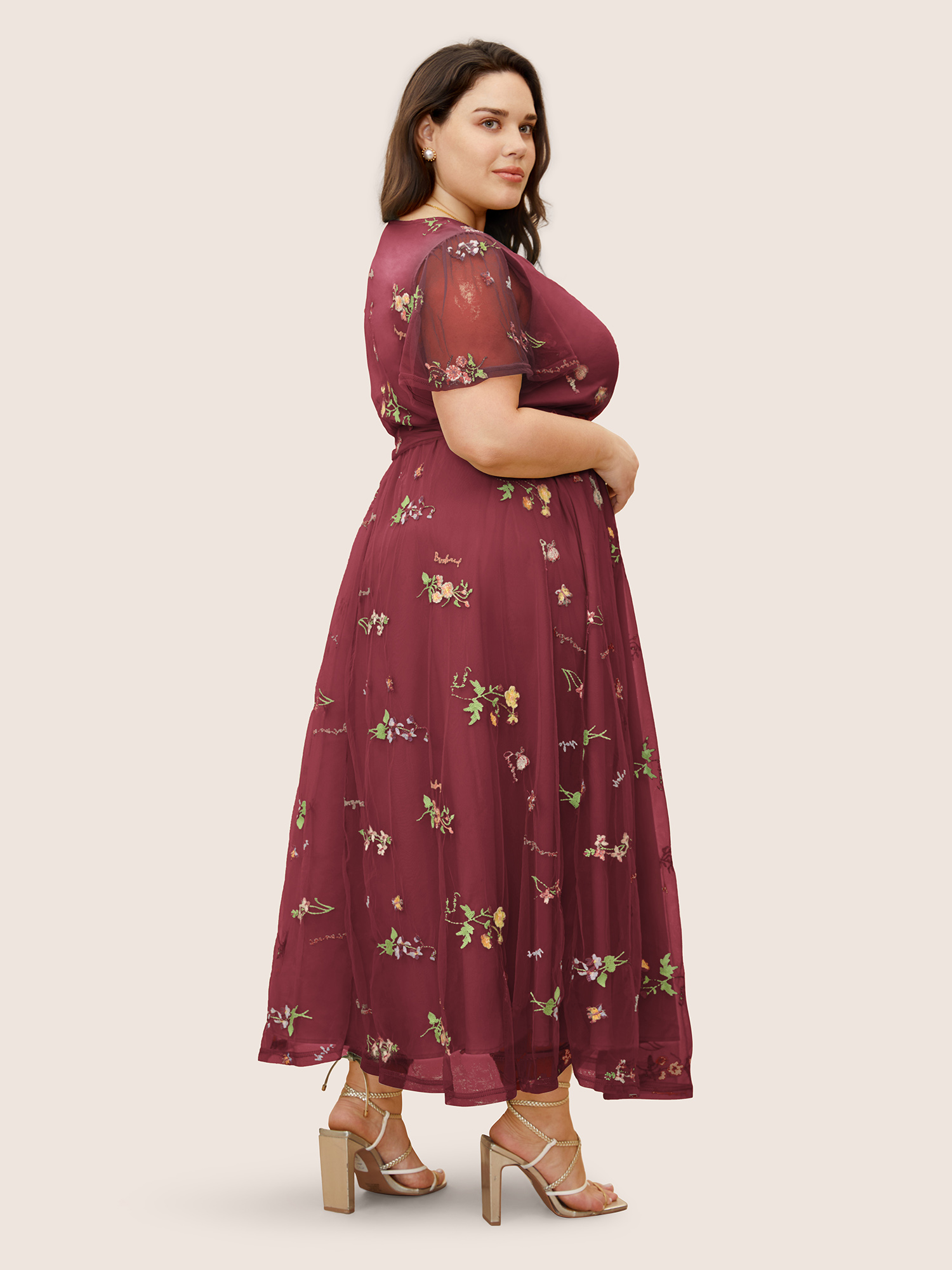 

Plus Size Overlap Collar Mesh Floral Embroidered Dress Burgundy Women Overlapping V-neck Short sleeve Curvy BloomChic