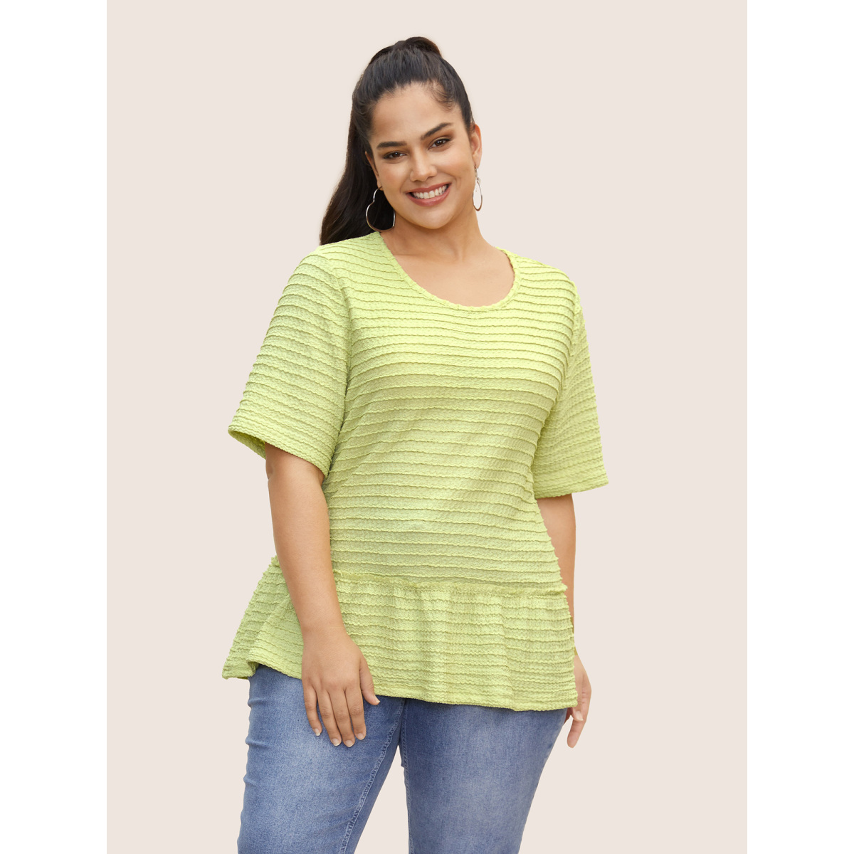 

Plus Size Solid Texture Patchwork Ruffle Hem T-shirt YellowGreen Women Casual Texture Round Neck Everyday T-shirts BloomChic