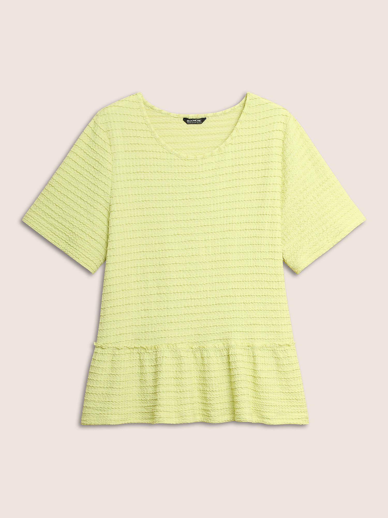 

Plus Size Solid Texture Patchwork Ruffle Hem T-shirt YellowGreen Women Casual Texture Round Neck Everyday T-shirts BloomChic