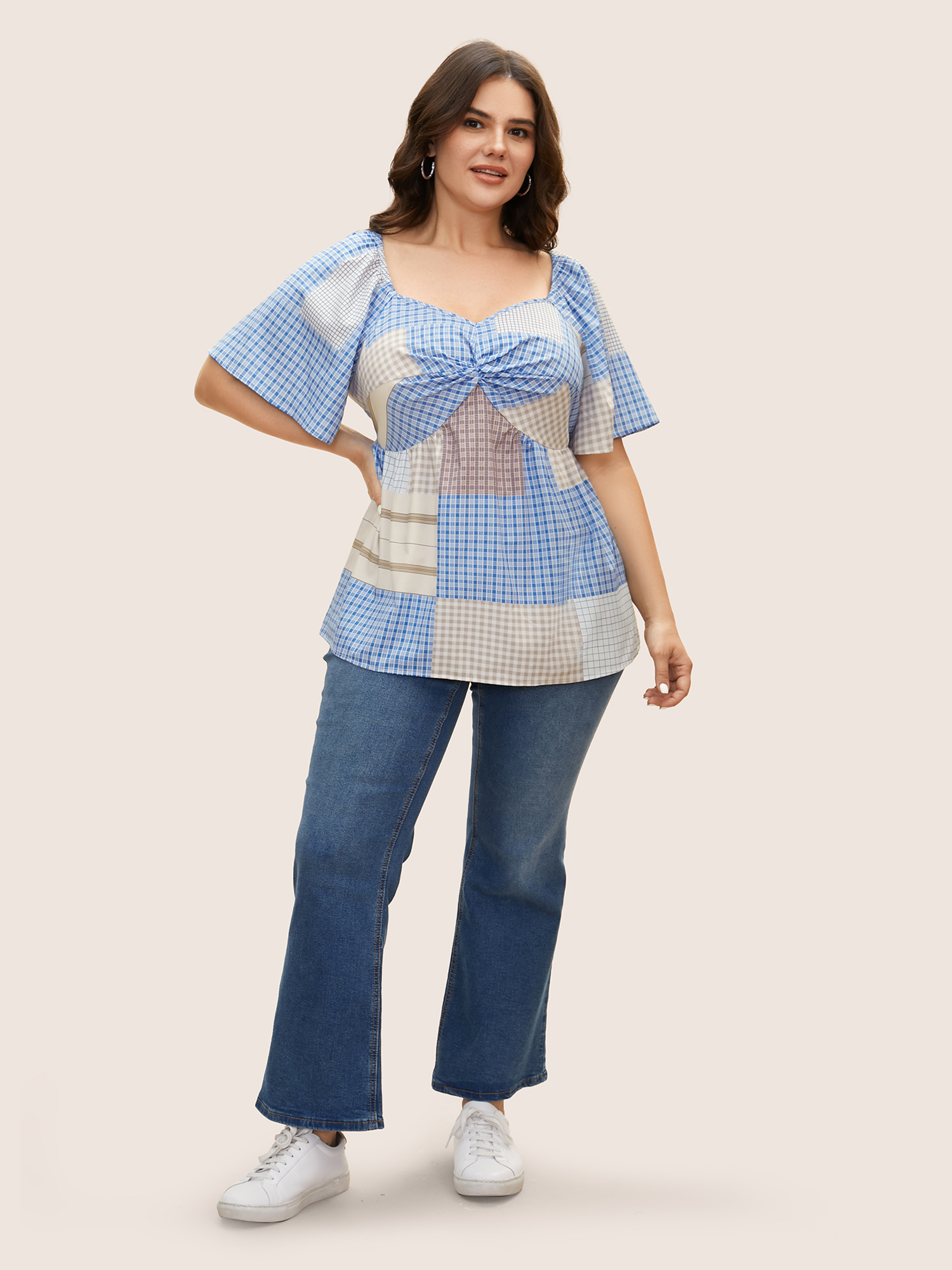 

Plus Size Multicolor Heart Neckline Contrast Gingham Twist Front Blouse Women Casual Short sleeve Heart neckline Everyday Blouses BloomChic