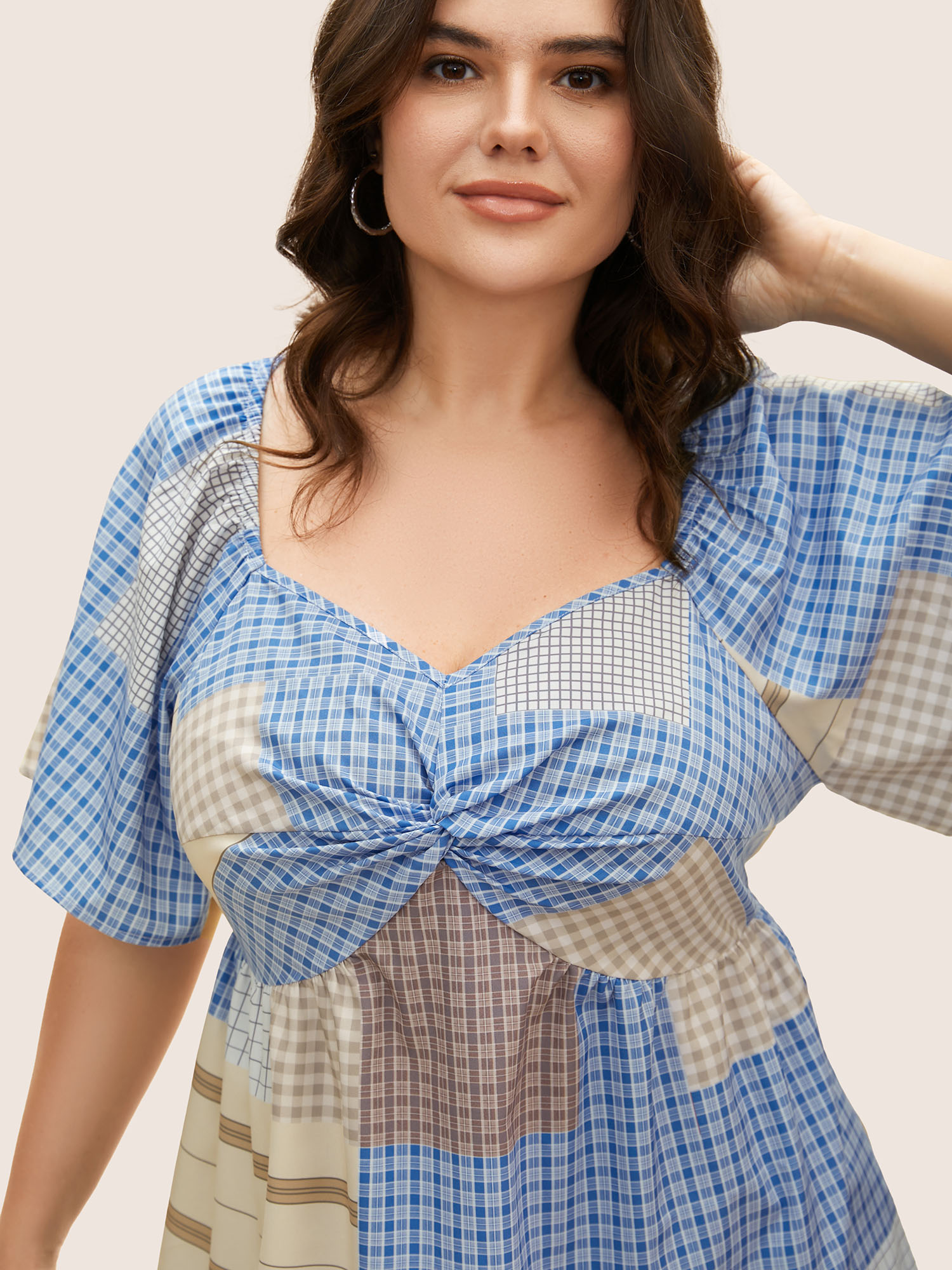 Plus Size Multicolor Heart Neckline Contrast Gingham Twist Front Blouse Women Casual Short sleeve Heart neckline Everyday Blouses BloomChic 22-24/3X 