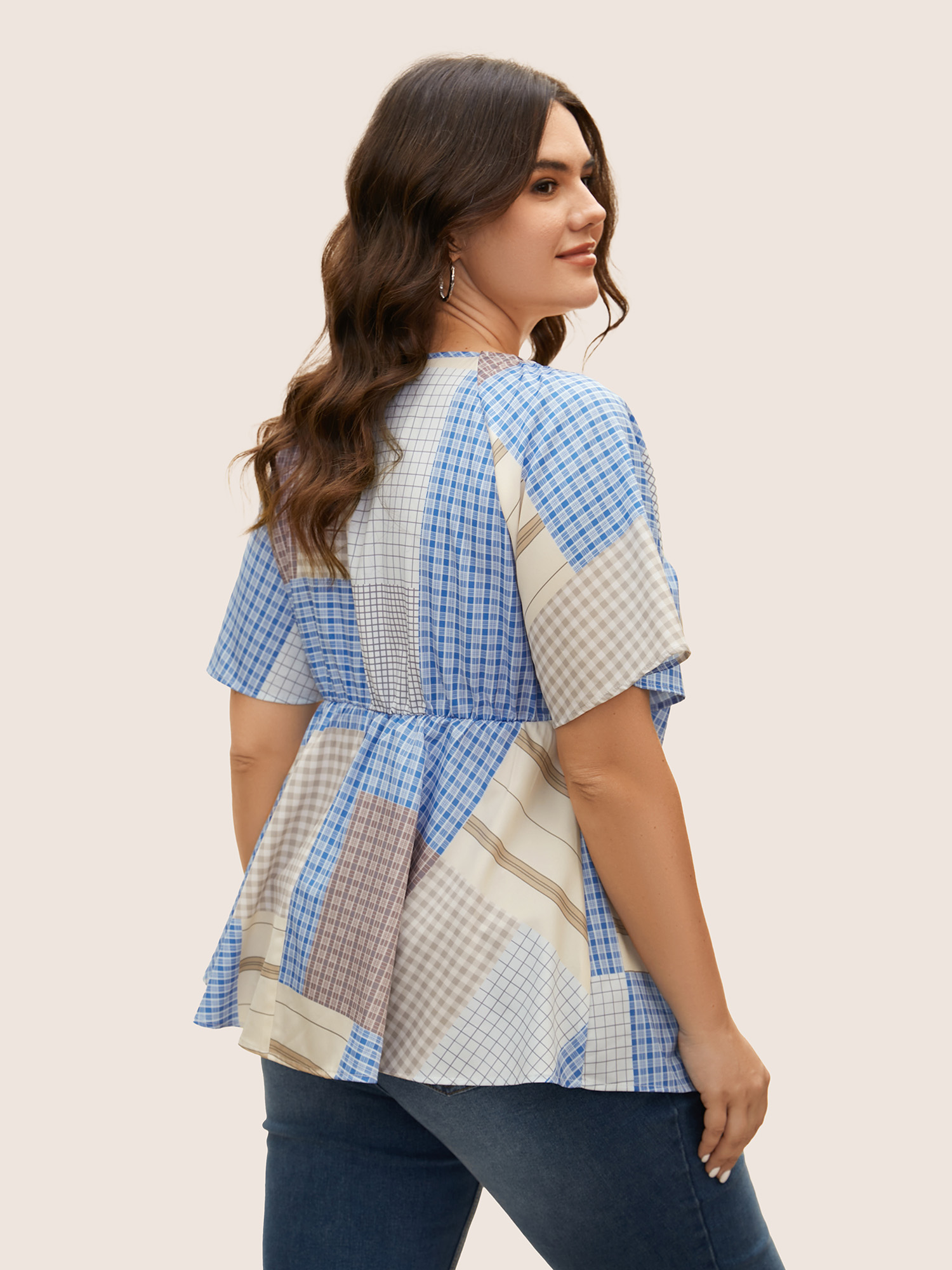 Plus Size Multicolor Heart Neckline Contrast Gingham Twist Front Blouse Women Casual Short sleeve Heart neckline Everyday Blouses BloomChic 22-24/3X 