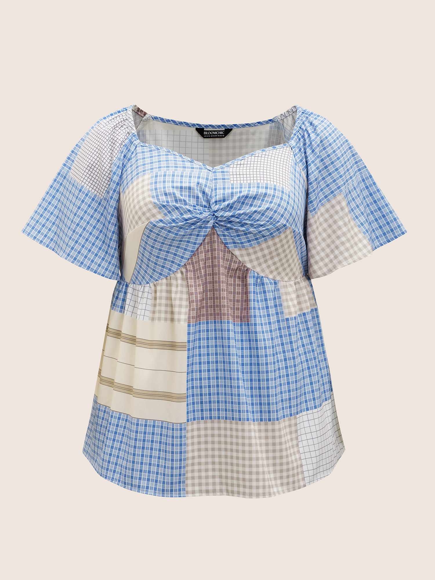 Plus Size Multicolor Heart Neckline Contrast Gingham Twist Front Blouse Women Casual Short sleeve Heart neckline Everyday Blouses BloomChic 22-24/3X 