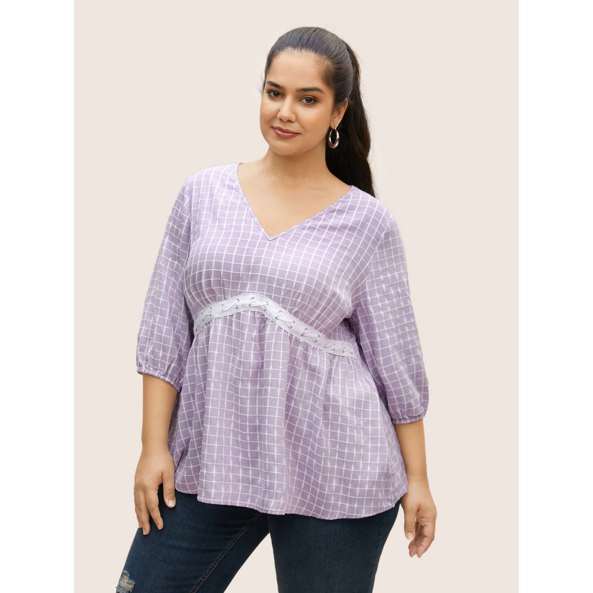 

Plus Size Lavender Gingham Patchwork Lantern Sleeve Blouse Women Casual Elbow-length sleeve V-neck Everyday Blouses BloomChic