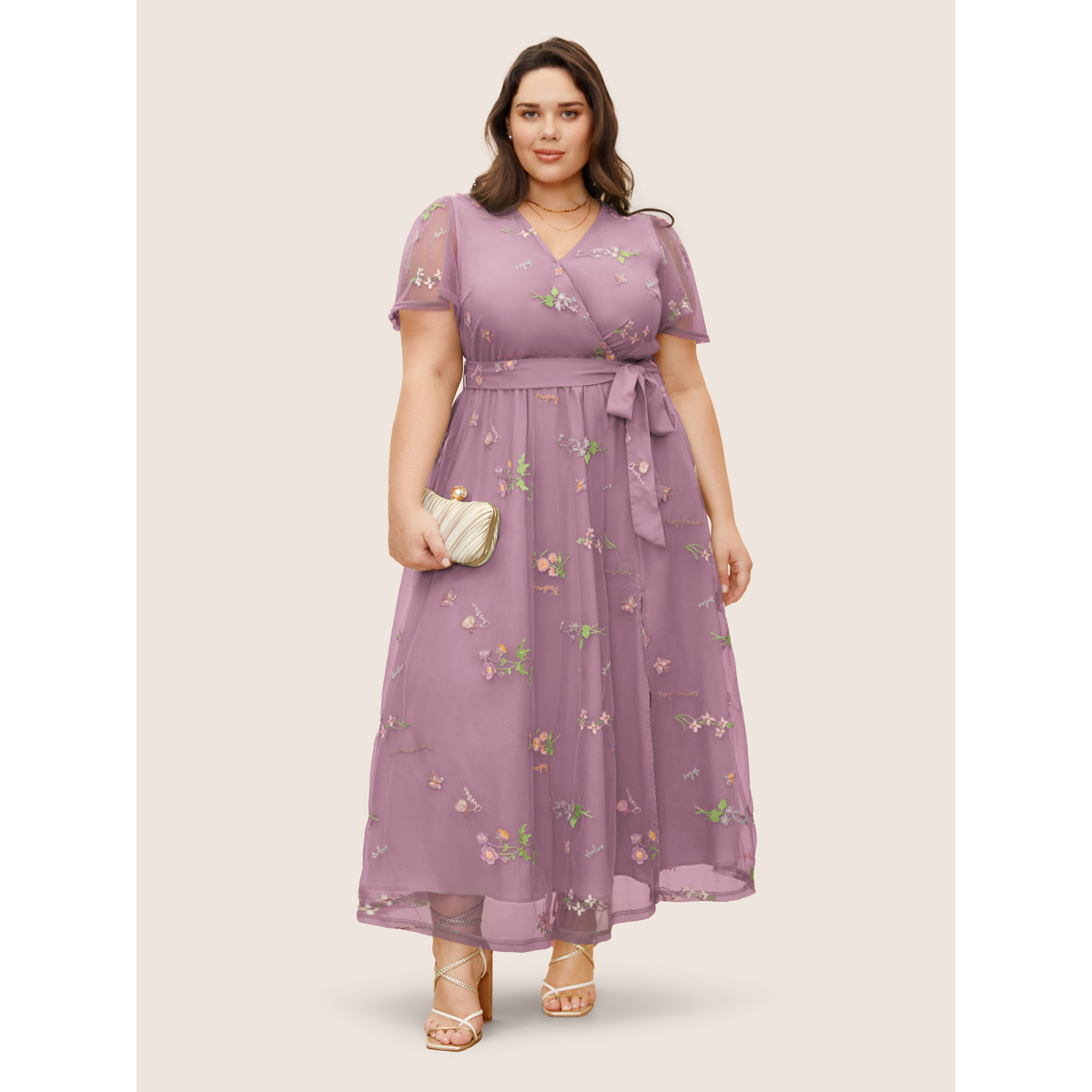 

Plus Size Overlap Collar Mesh Floral Embroidered Dress Lilac Women Overlapping V-neck Short sleeve Curvy BloomChic