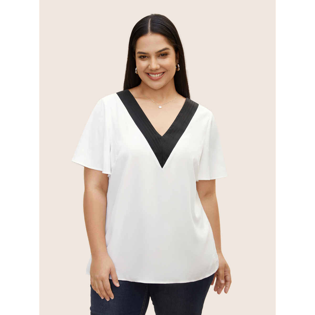 

Plus Size WhiteSmoke Contrast Trim Pleated Flutter Sleeve Blouse Women At the Office Short sleeve V-neck Work Blouses BloomChic