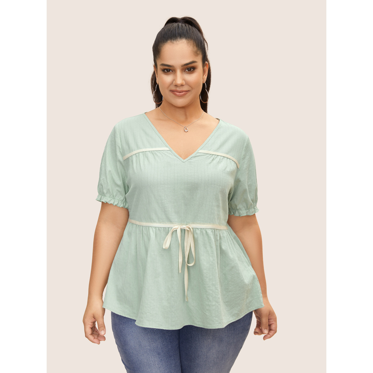 

Plus Size Palemauve Textured Tie Knot Lantern Sleeve Blouse Women Casual Short sleeve V-neck Everyday Blouses BloomChic