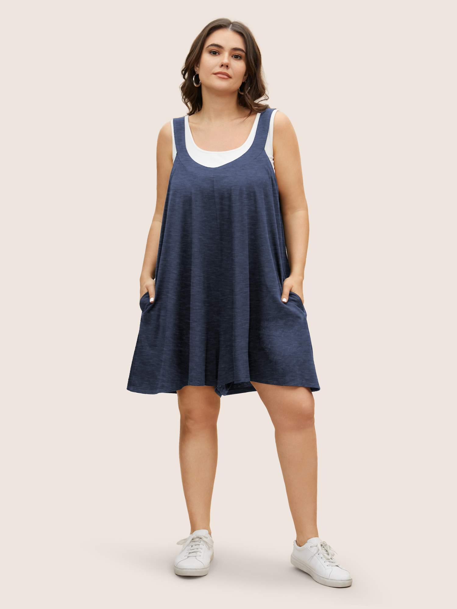 

Plus Size Supersoft Essentials Solid Adjustable Straps Loose Romper Navy Side seam pocket Casual Everyday  Rompers Bloomchic