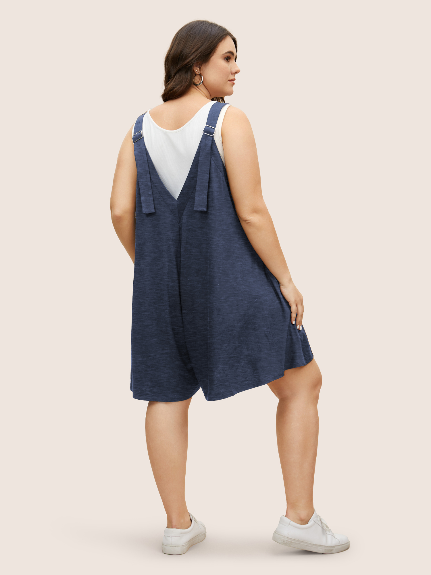 

Plus Size Supersoft Essentials Solid Adjustable Straps Loose Romper Navy Side seam pocket Casual Everyday  Rompers Bloomchic