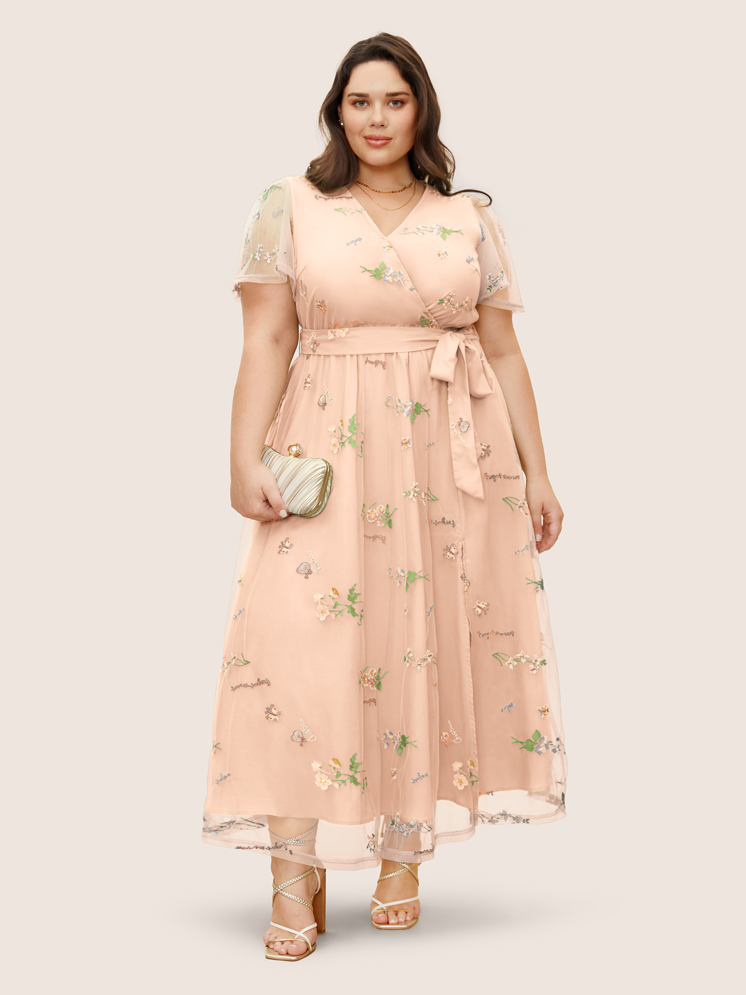 

Plus Size Overlap Collar Mesh Floral Embroidered Dress Lightpink Women Formal Overlapping V-neck Short sleeve Curvy BloomChic