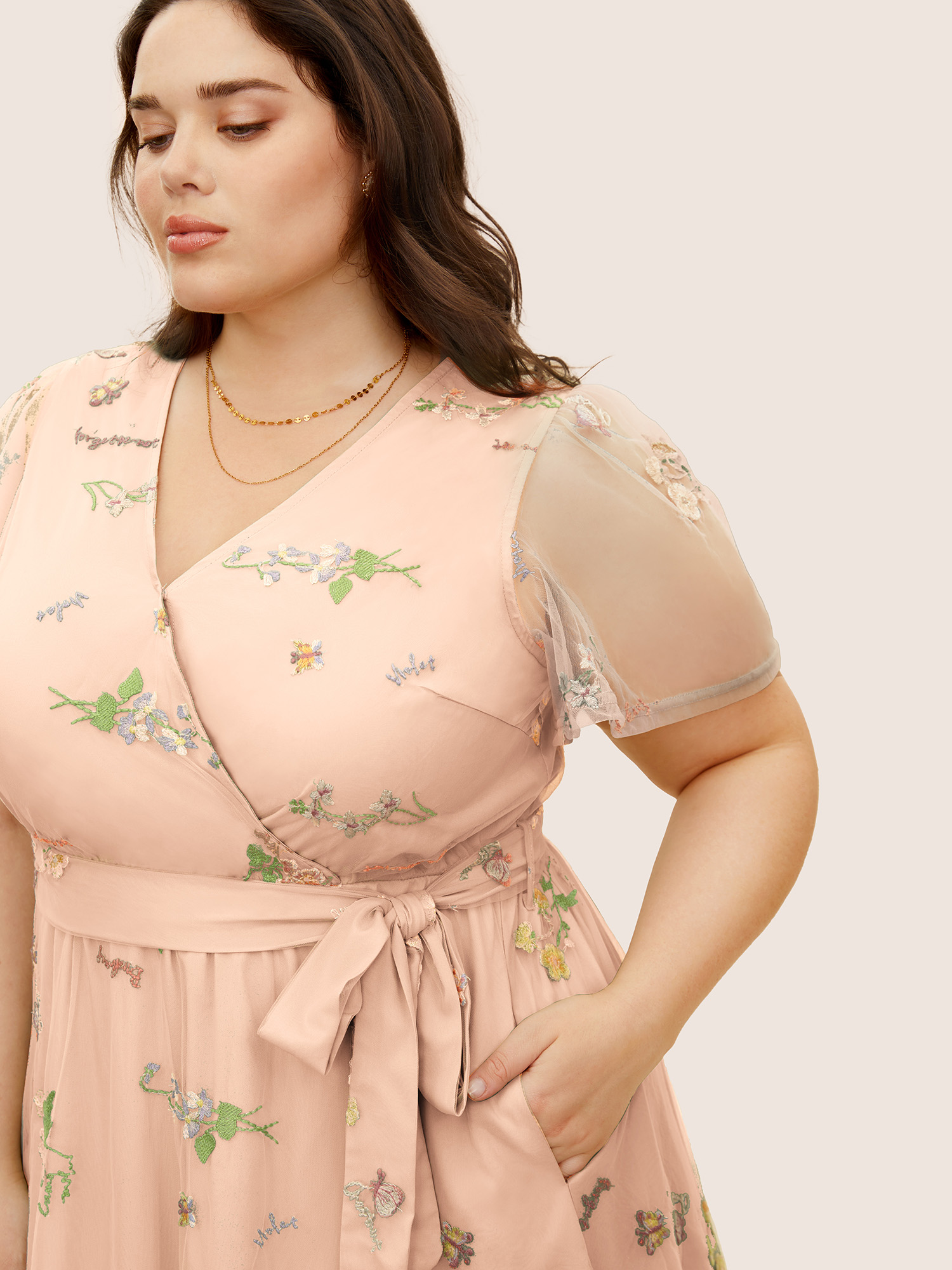 

Plus Size Overlap Collar Mesh Floral Embroidered Dress Lightpink Women Formal Overlapping V-neck Short sleeve Curvy BloomChic