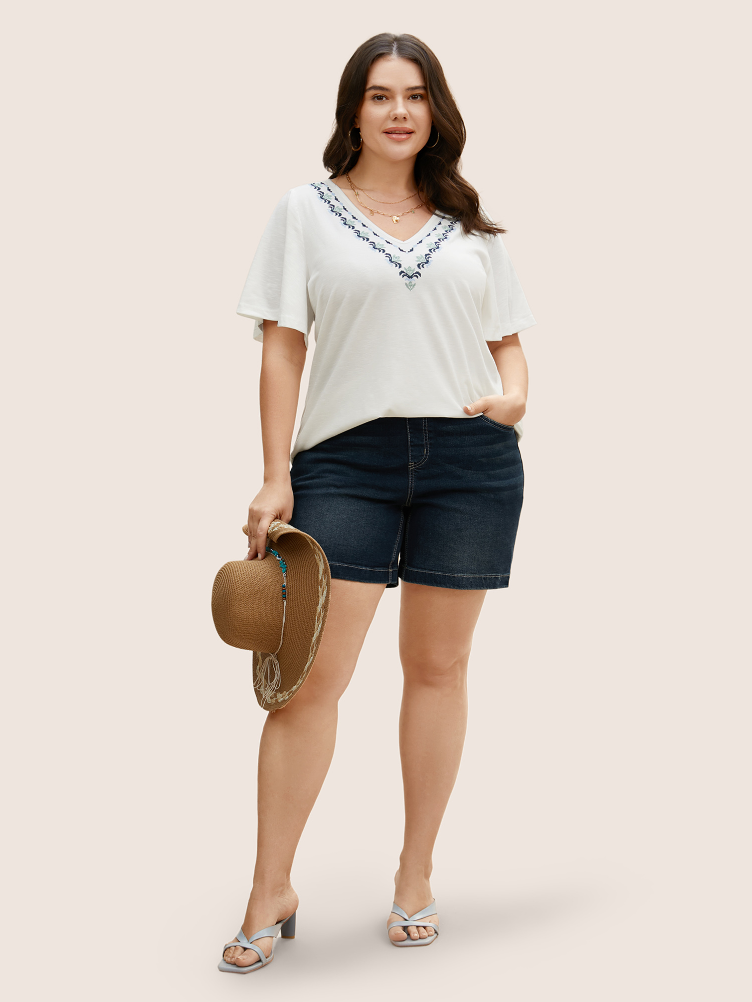 Plus Size V Neck Bandana Embroidered Design T-shirt WhiteSmoke Women Resort Embroidered Art&design V-neck Vacation T-shirts BloomChic 12/L 