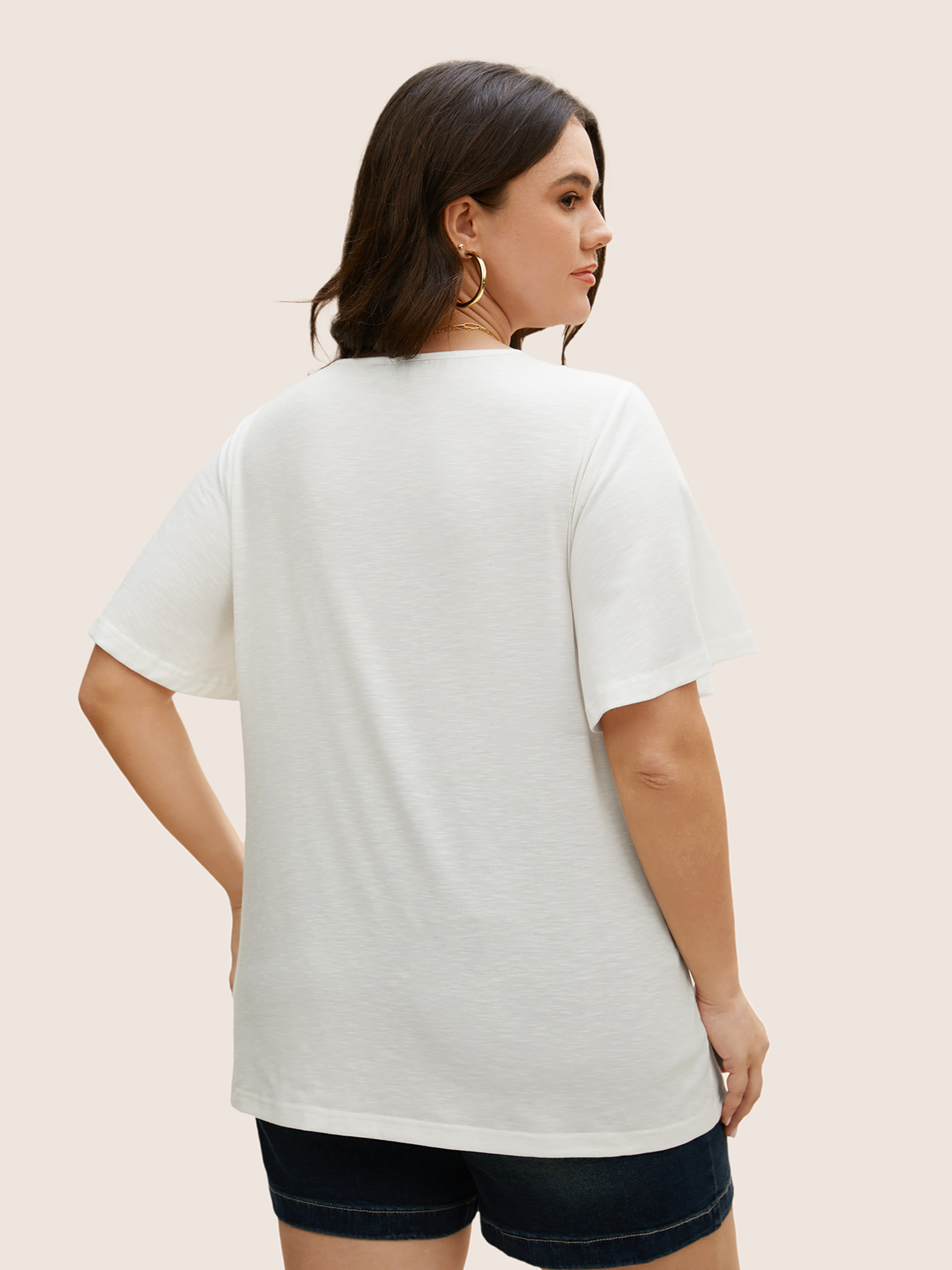 Plus Size V Neck Bandana Embroidered Design T-shirt WhiteSmoke Women Resort Embroidered Art&design V-neck Vacation T-shirts BloomChic 12/L 