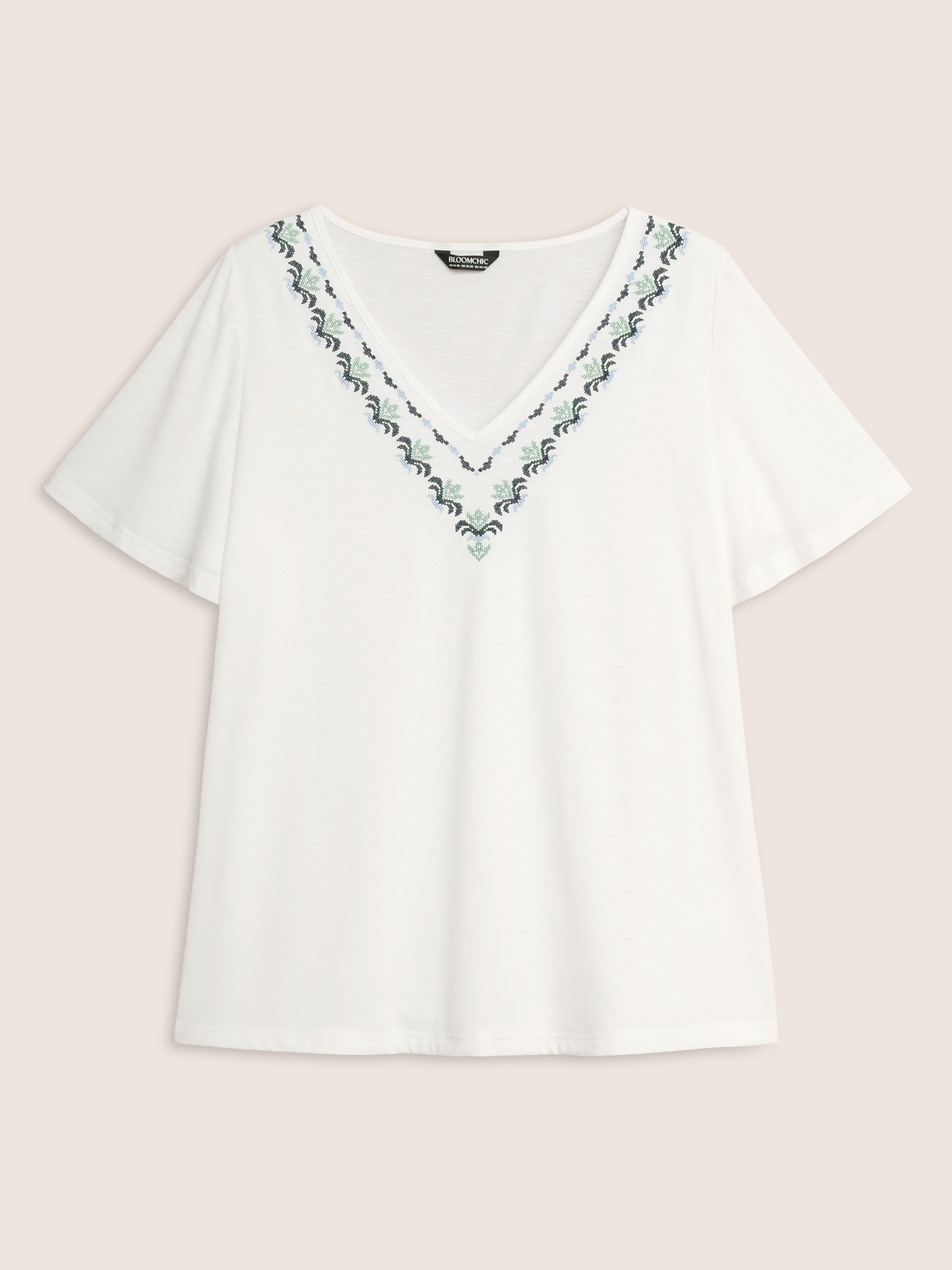 Plus Size V Neck Bandana Embroidered Design T-shirt WhiteSmoke Women Resort Embroidered Art&design V-neck Vacation T-shirts BloomChic 12/L 