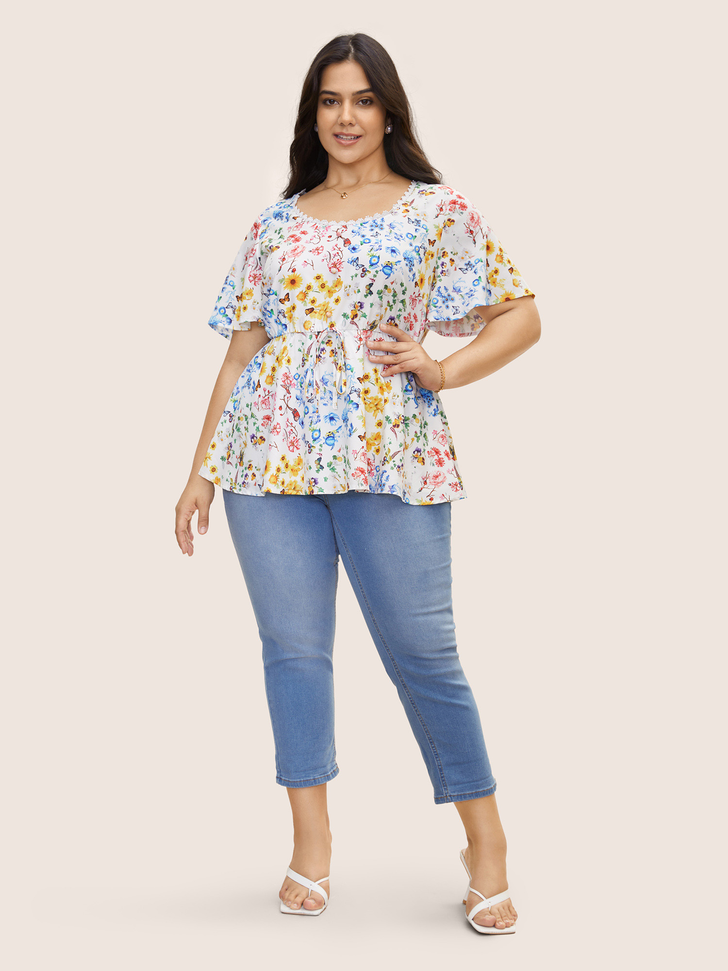 Plus Size Multicolor Patchwork Floral Lace Panel Tie Knot Blouse Women Elegant Short sleeve U-neck Everyday Blouses BloomChic 12/L 