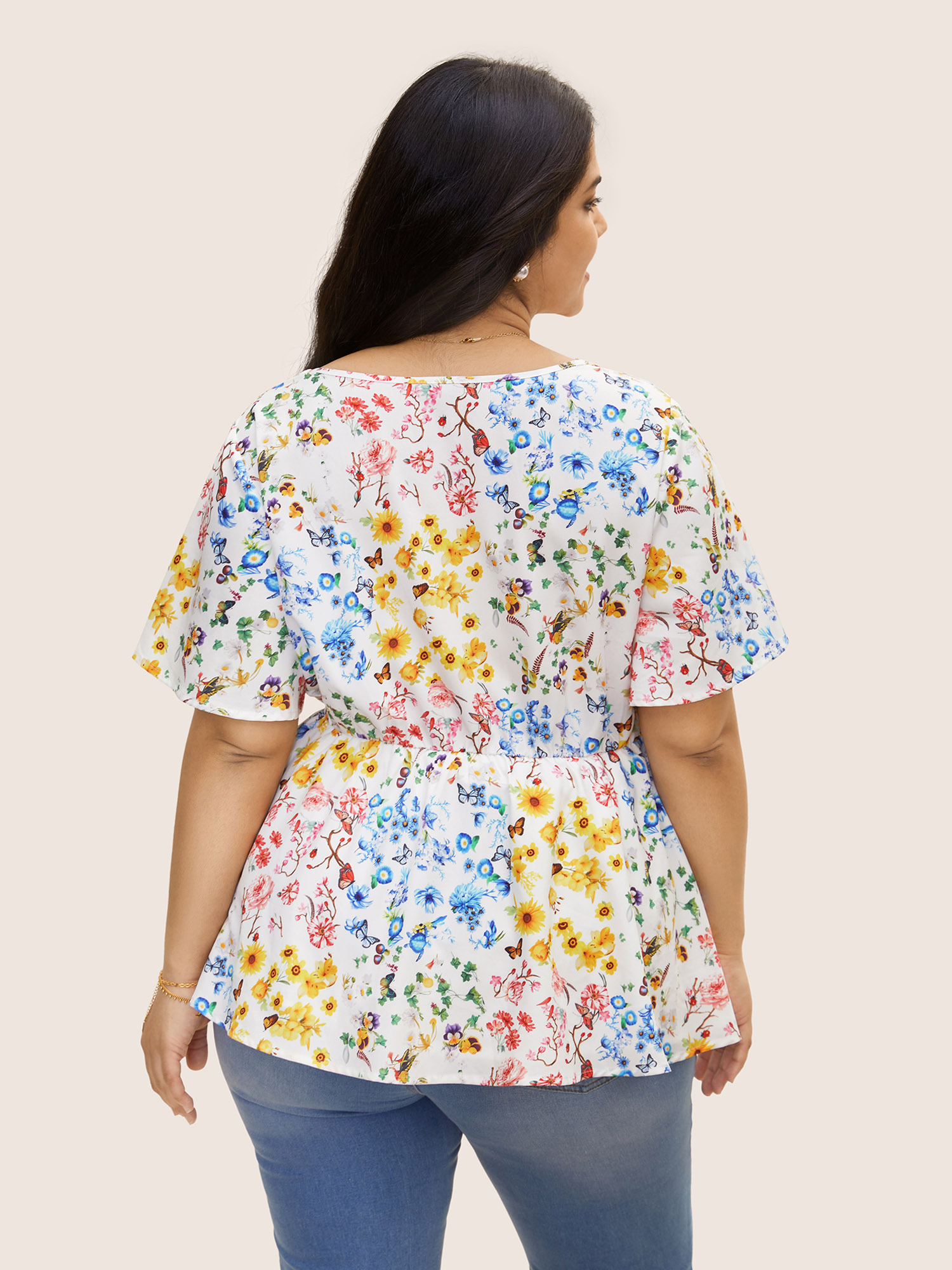Plus Size Multicolor Patchwork Floral Lace Panel Tie Knot Blouse Women Elegant Short sleeve U-neck Everyday Blouses BloomChic 12/L 